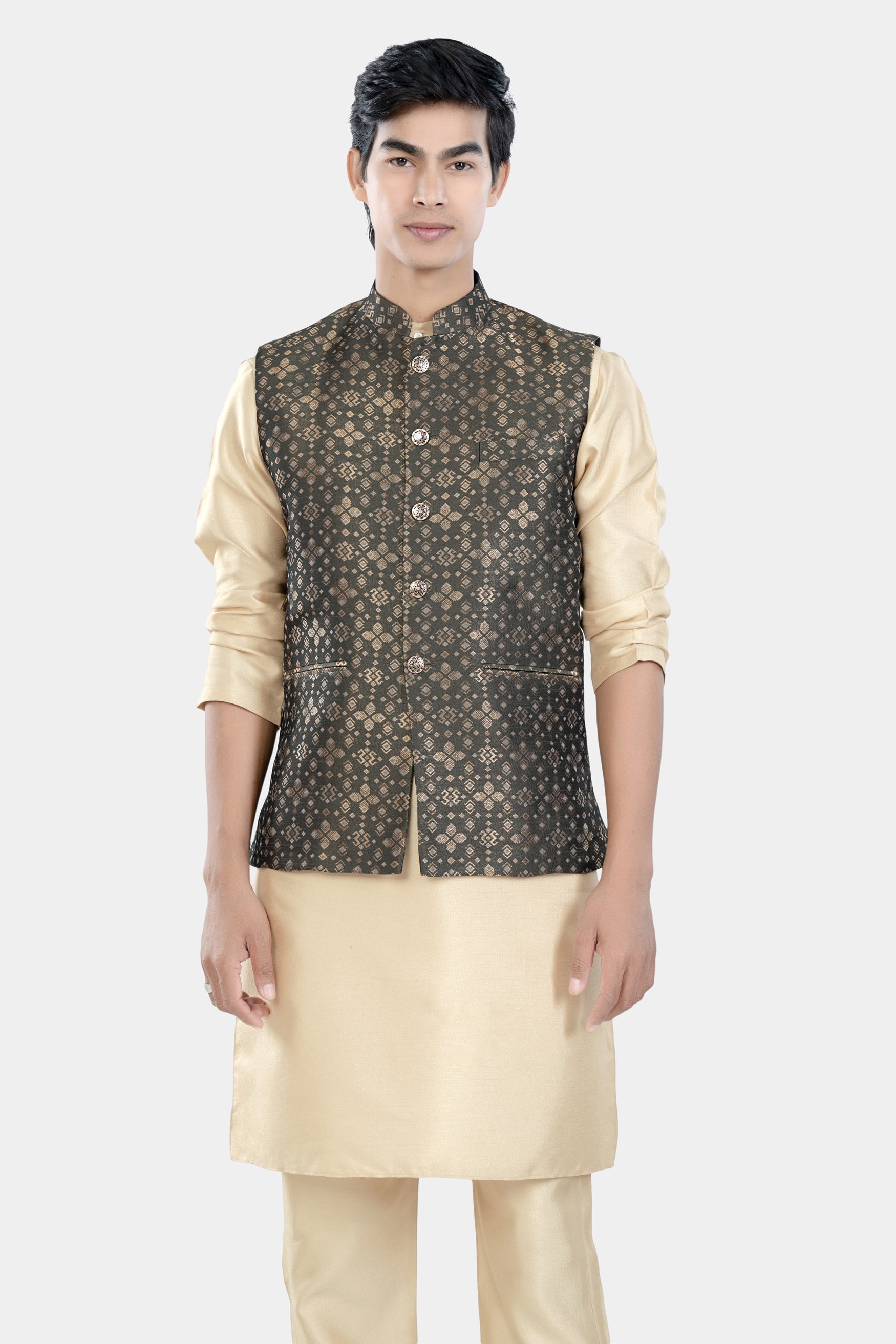 Almond Brown Kurta Set with Fuscous Green and Mongoose Brown Floral Jacquard Textured Designer Nehru Jacket KPNJ004-44,  KPNJ004-46,  KPNJ004-48,  KPNJ004-50,  KPNJ004-52,  KPNJ004-54,  KPNJ004-56,  KPNJ004-58,  KPNJ004-60