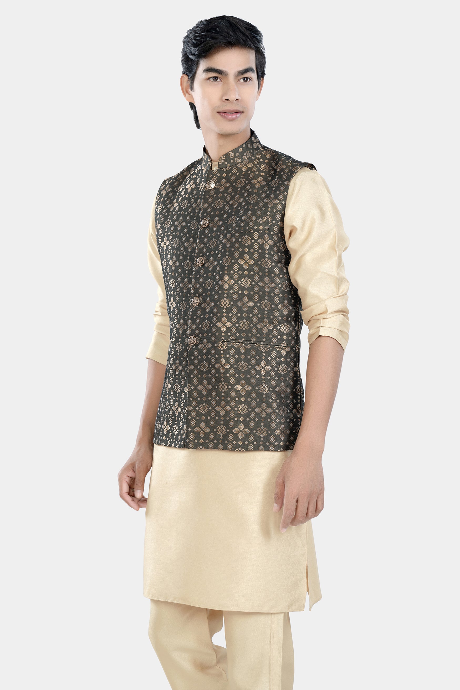 Almond Brown Kurta Set with Fuscous Green and Mongoose Brown Floral Jacquard Textured Designer Nehru Jacket KPNJ004-44,  KPNJ004-46,  KPNJ004-48,  KPNJ004-50,  KPNJ004-52,  KPNJ004-54,  KPNJ004-56,  KPNJ004-58,  KPNJ004-60