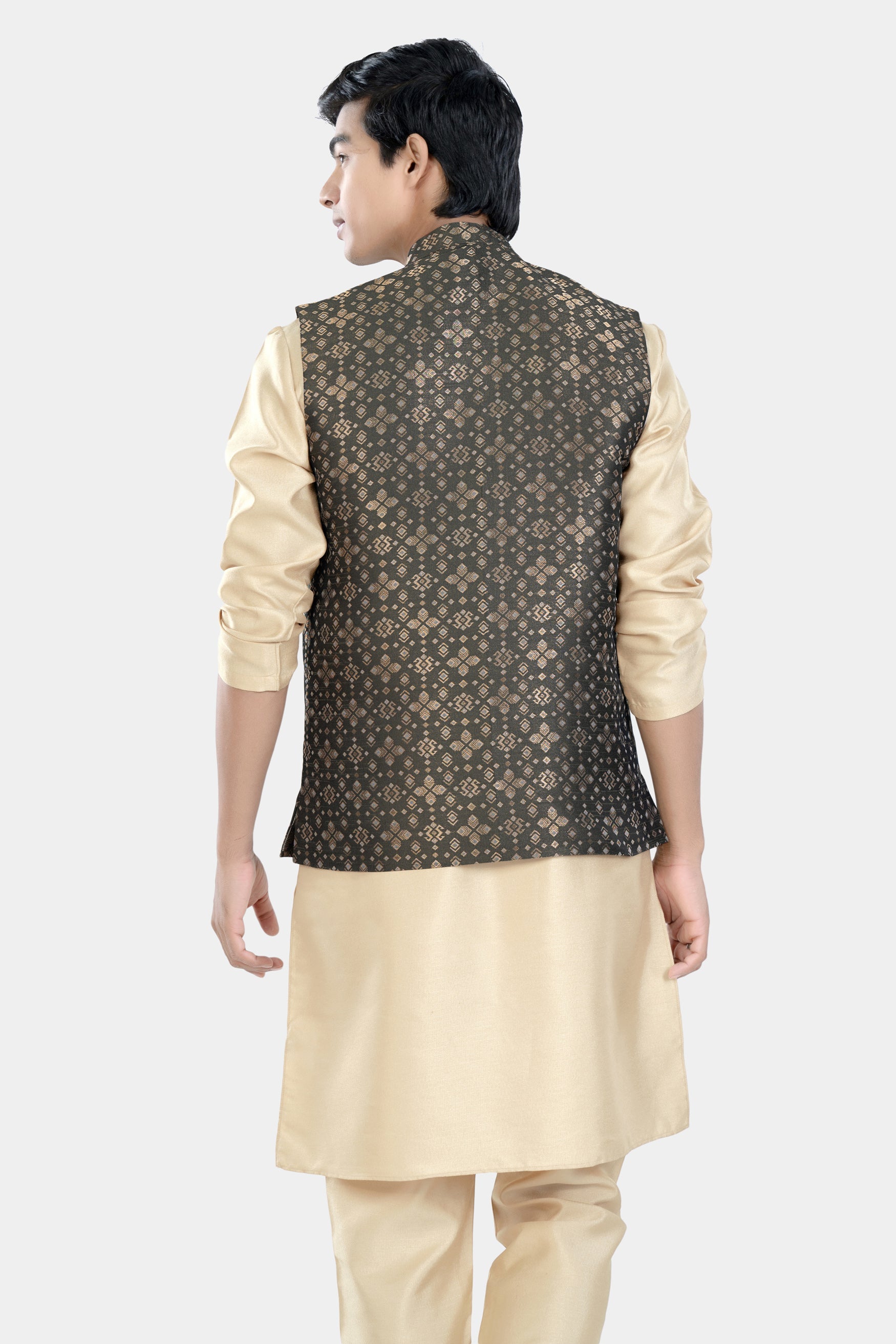 Almond Brown Kurta Set with Fuscous Green and Mongoose Brown Floral Jacquard Textured Designer Nehru Jacket KPNJ004-44,  KPNJ004-46,  KPNJ004-48,  KPNJ004-50,  KPNJ004-52,  KPNJ004-54,  KPNJ004-56,  KPNJ004-58,  KPNJ004-60