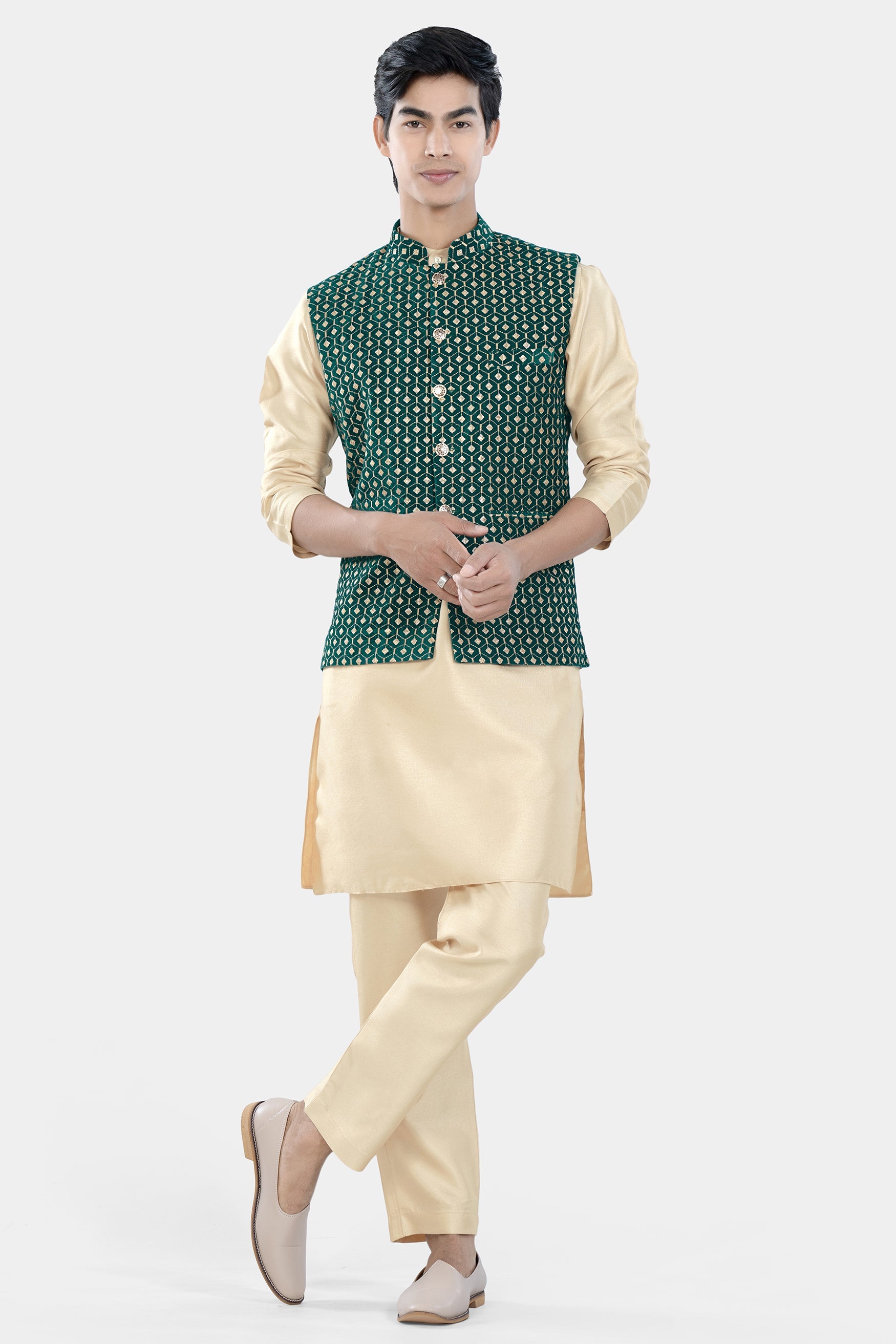 Almond Brown Kurta Set with Sherpa Green and Givry Cream Hexagon Sequin and Thread Embroidered Designer Nehru Jacket KPNJ005-44,  KPNJ005-46,  KPNJ005-48,  KPNJ005-50,  KPNJ005-52,  KPNJ005-54,  KPNJ005-56,  KPNJ005-58,  KPNJ005-60