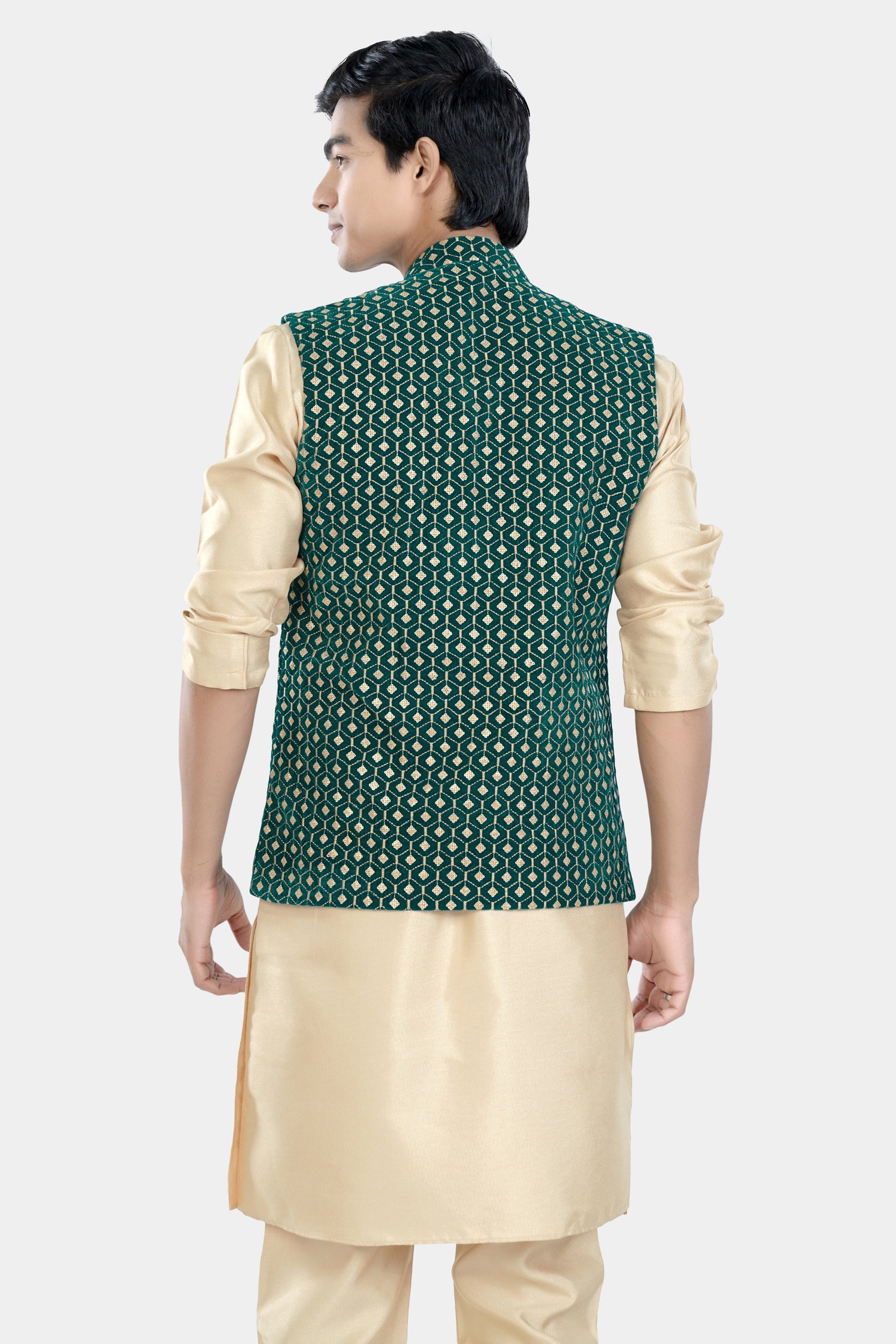 Almond Brown Kurta Set with Sherpa Green and Givry Cream Hexagon Sequin and Thread Embroidered Designer Nehru Jacket KPNJ005-44,  KPNJ005-46,  KPNJ005-48,  KPNJ005-50,  KPNJ005-52,  KPNJ005-54,  KPNJ005-56,  KPNJ005-58,  KPNJ005-60