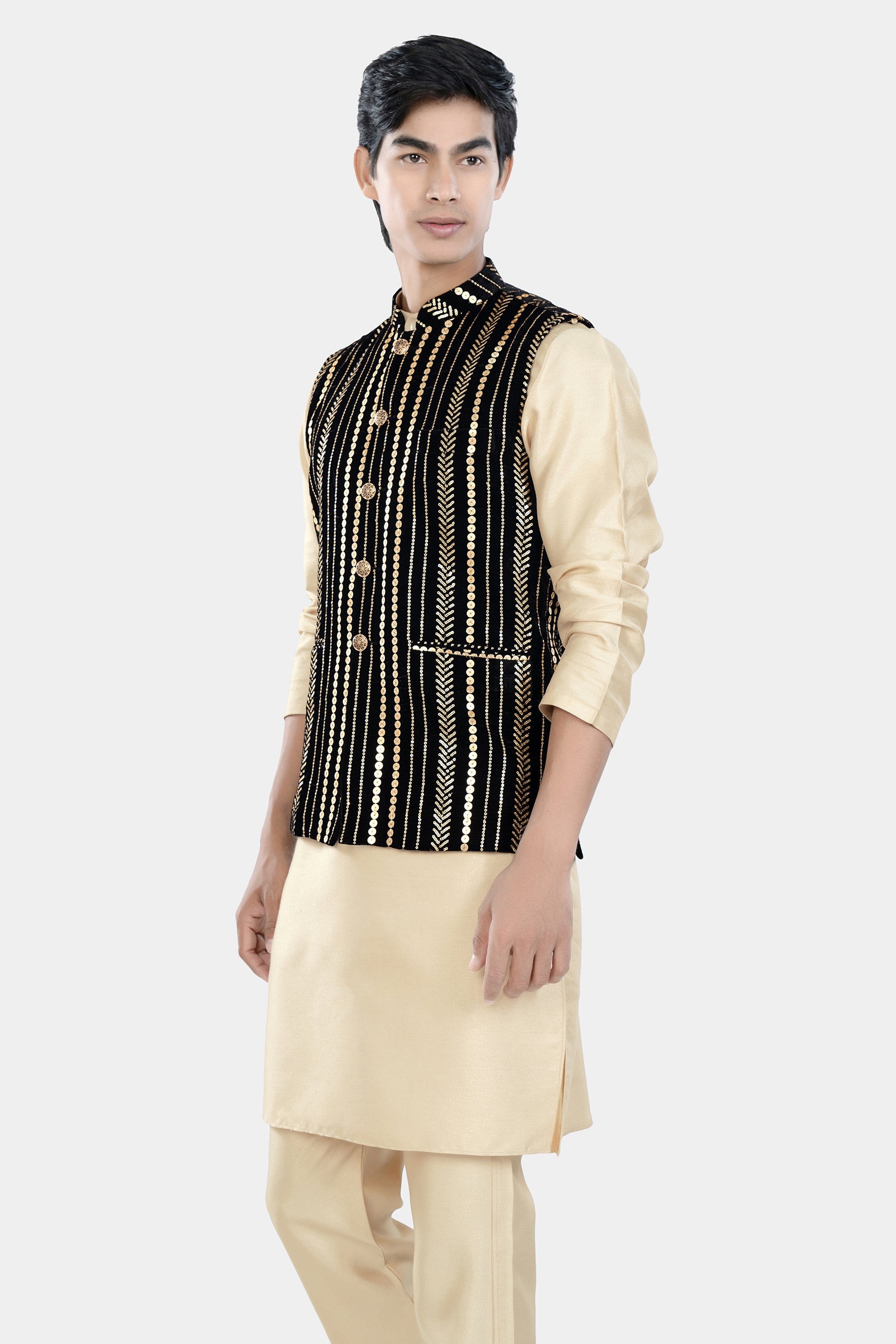 Almond Brown Kurta Set with Jade Black Vertical Sequin Embroidered Designer Nehru Jacket KPNJ006-44,  KPNJ006-46,  KPNJ006-48,  KPNJ006-50,  KPNJ006-52,  KPNJ006-54,  KPNJ006-56,  KPNJ006-58,  KPNJ006-60