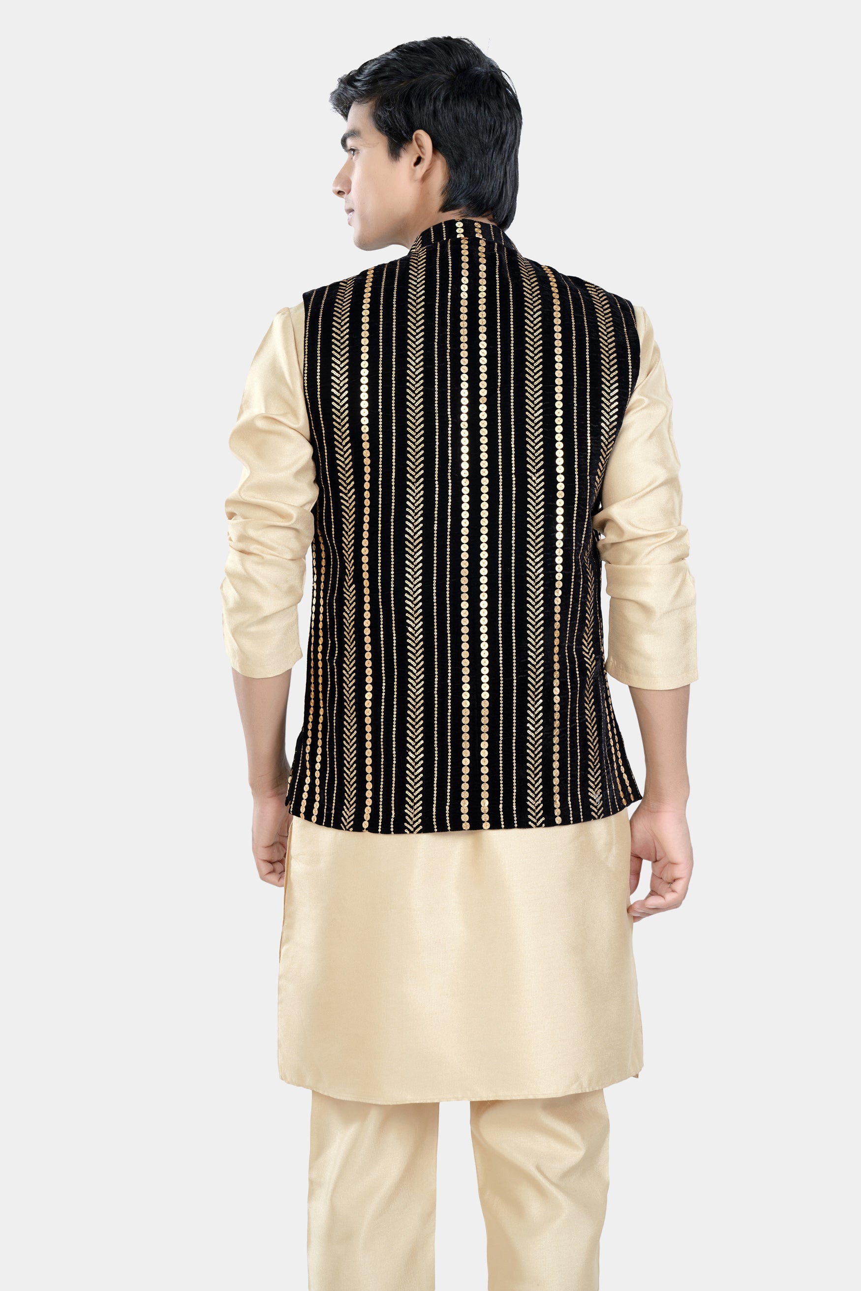 Almond Brown Kurta Set with Jade Black Vertical Sequin Embroidered Designer Nehru Jacket KPNJ006-44,  KPNJ006-46,  KPNJ006-48,  KPNJ006-50,  KPNJ006-52,  KPNJ006-54,  KPNJ006-56,  KPNJ006-58,  KPNJ006-60