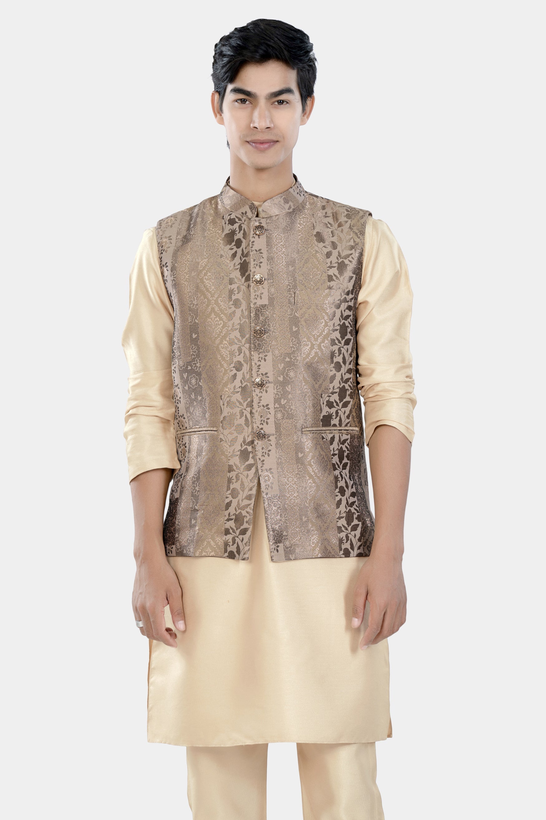 Almond Brown Kurta Set with Cashmere and Sandrift Brown Floral Jacquard Textured Designer Nehru Jacket KPNJ009-44,  KPNJ009-46,  KPNJ009-48,  KPNJ009-50,  KPNJ009-52,  KPNJ009-54,  KPNJ009-56,  KPNJ009-58,  KPNJ009-60