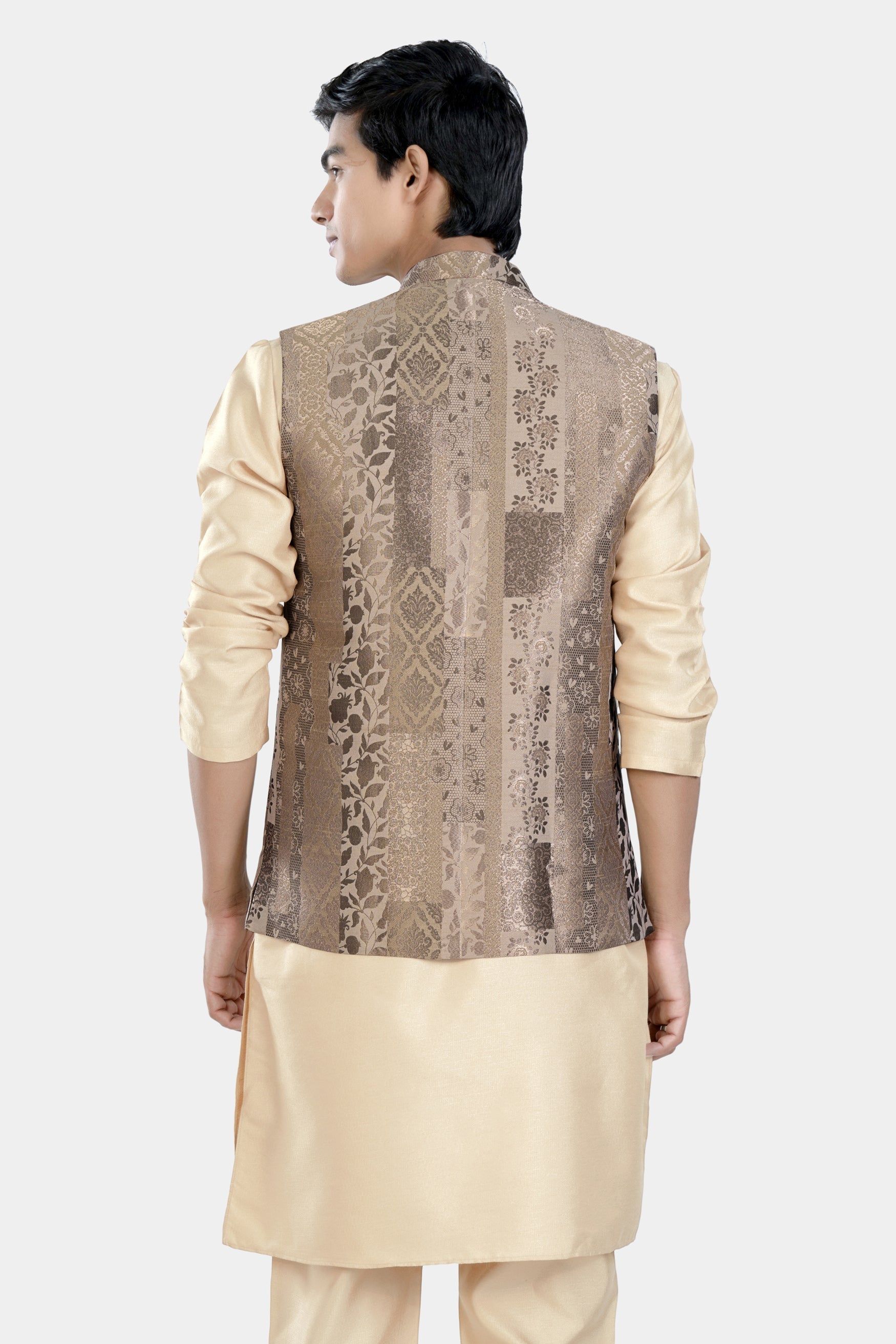 Almond Brown Kurta Set with Cashmere and Sandrift Brown Floral Jacquard Textured Designer Nehru Jacket KPNJ009-44,  KPNJ009-46,  KPNJ009-48,  KPNJ009-50,  KPNJ009-52,  KPNJ009-54,  KPNJ009-56,  KPNJ009-58,  KPNJ009-60