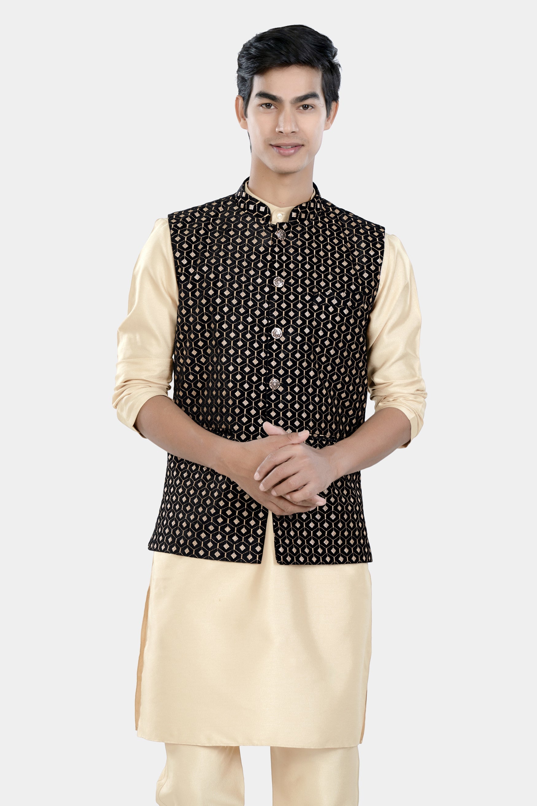 Almond Brown Kurta Set with Jade Black and Fawn Brown Hexagon Thread and Sequin Embroidered Designer Nehru Jacket KPNJ010-44,  KPNJ010-46,  KPNJ010-48,  KPNJ010-50,  KPNJ010-52,  KPNJ010-54,  KPNJ010-56,  KPNJ010-58,  KPNJ010-60