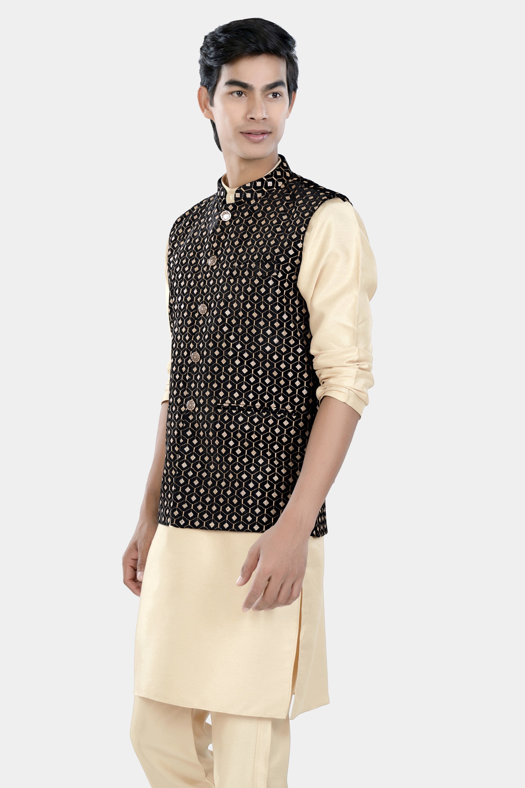 Almond Brown Kurta Set with Jade Black and Fawn Brown Hexagon Thread and Sequin Embroidered Designer Nehru Jacket KPNJ010-44,  KPNJ010-46,  KPNJ010-48,  KPNJ010-50,  KPNJ010-52,  KPNJ010-54,  KPNJ010-56,  KPNJ010-58,  KPNJ010-60