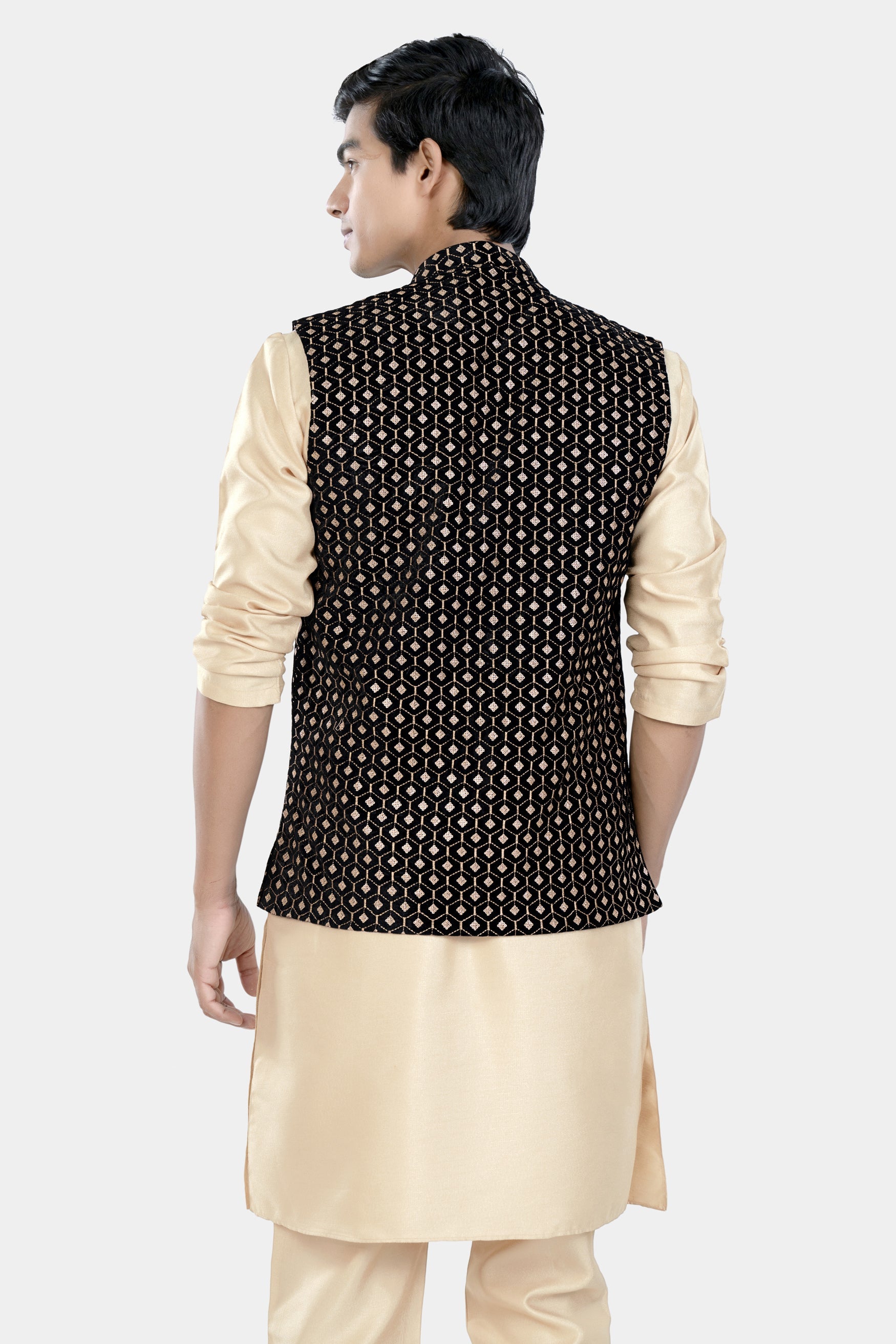 Almond Brown Kurta Set with Jade Black and Fawn Brown Hexagon Thread and Sequin Embroidered Designer Nehru Jacket KPNJ010-44,  KPNJ010-46,  KPNJ010-48,  KPNJ010-50,  KPNJ010-52,  KPNJ010-54,  KPNJ010-56,  KPNJ010-58,  KPNJ010-60