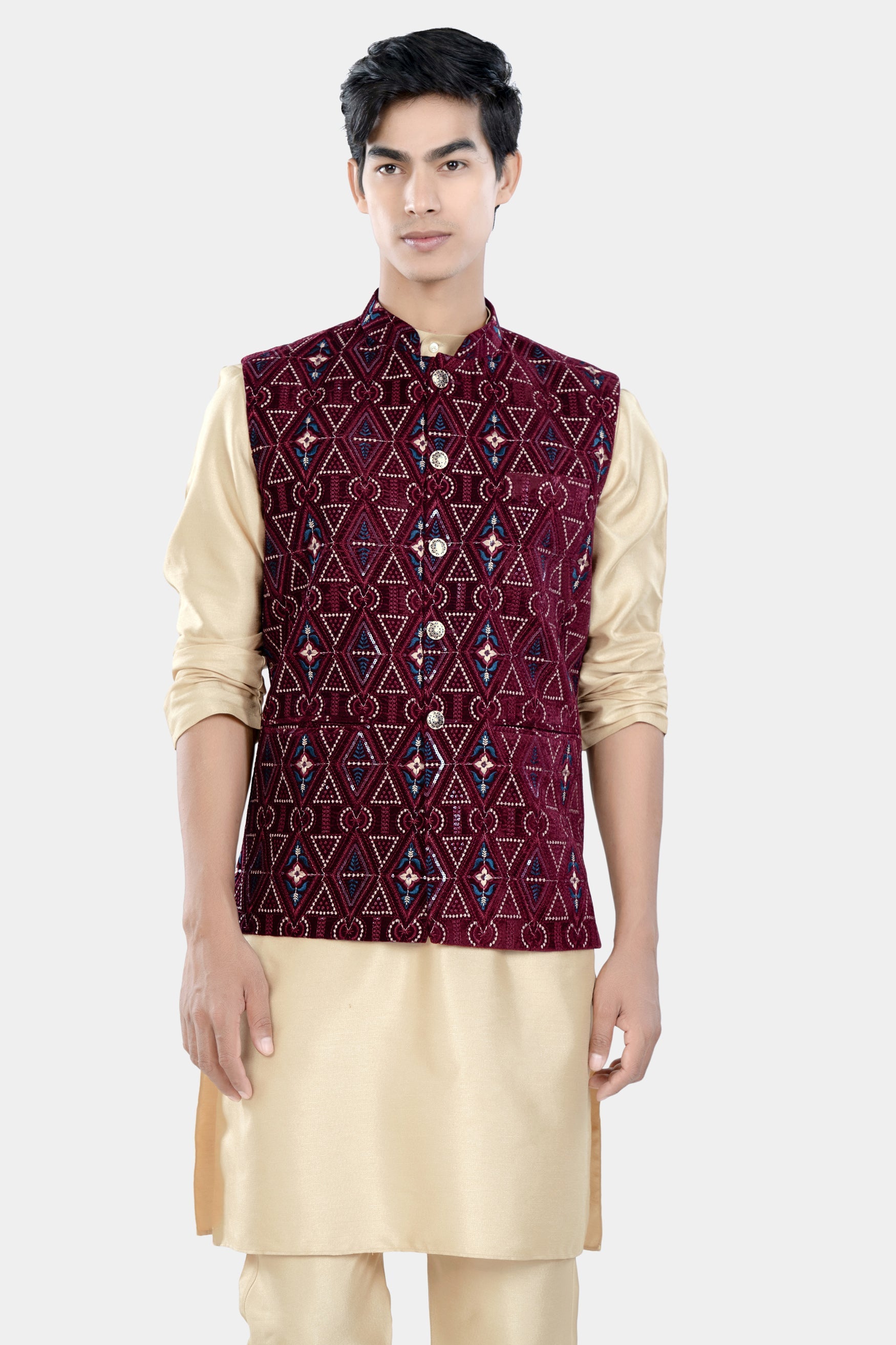 Almond Brown Kurta Set with Castro Maroon Geometric Thread and Sequin Embroidered Designer Nehru Jacket KPNJ011-44,  KPNJ011-46,  KPNJ011-48,  KPNJ011-50,  KPNJ011-52,  KPNJ011-54,  KPNJ011-56,  KPNJ011-58,  KPNJ011-60