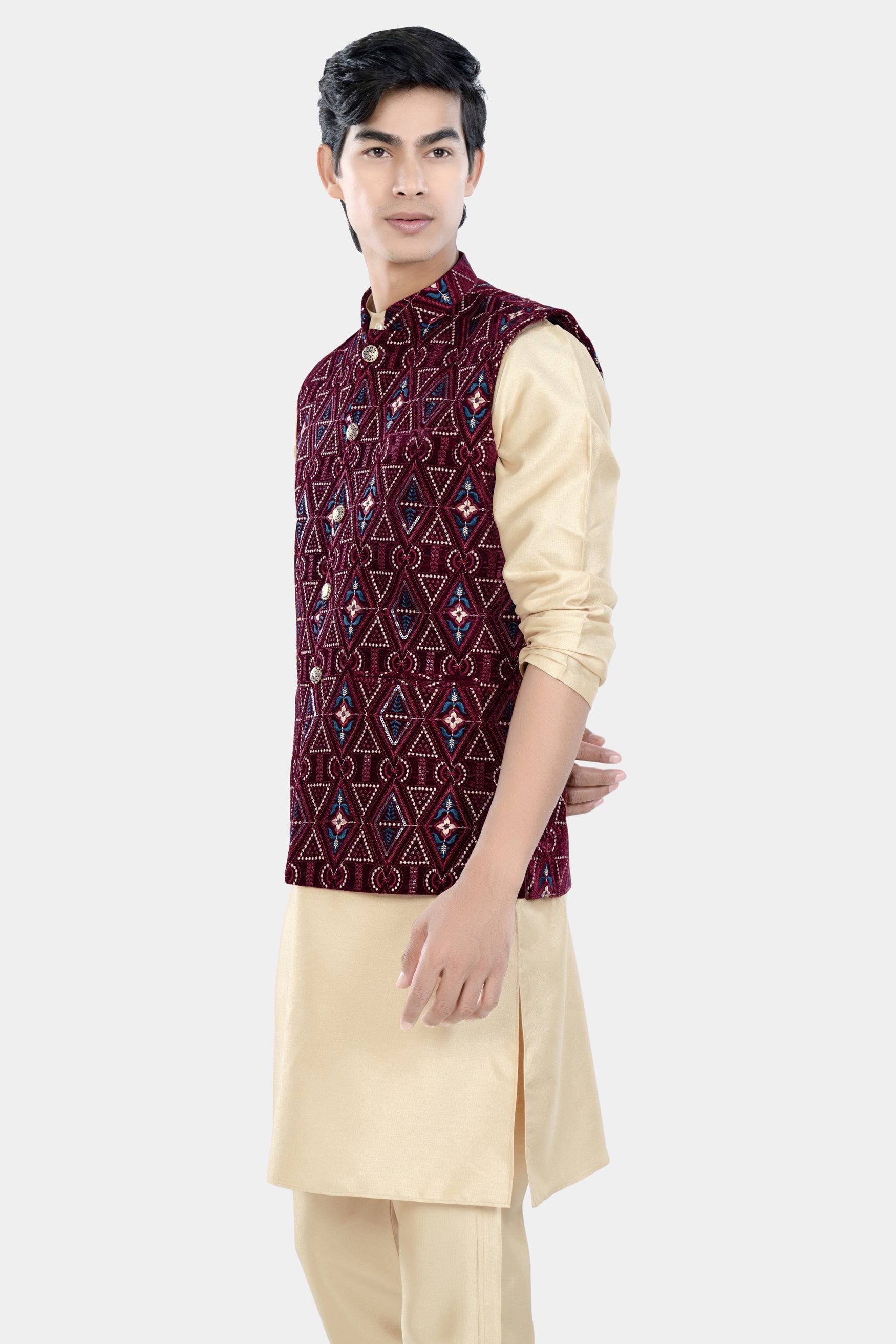 Almond Brown Kurta Set with Castro Maroon Geometric Thread and Sequin Embroidered Designer Nehru Jacket KPNJ011-44,  KPNJ011-46,  KPNJ011-48,  KPNJ011-50,  KPNJ011-52,  KPNJ011-54,  KPNJ011-56,  KPNJ011-58,  KPNJ011-60