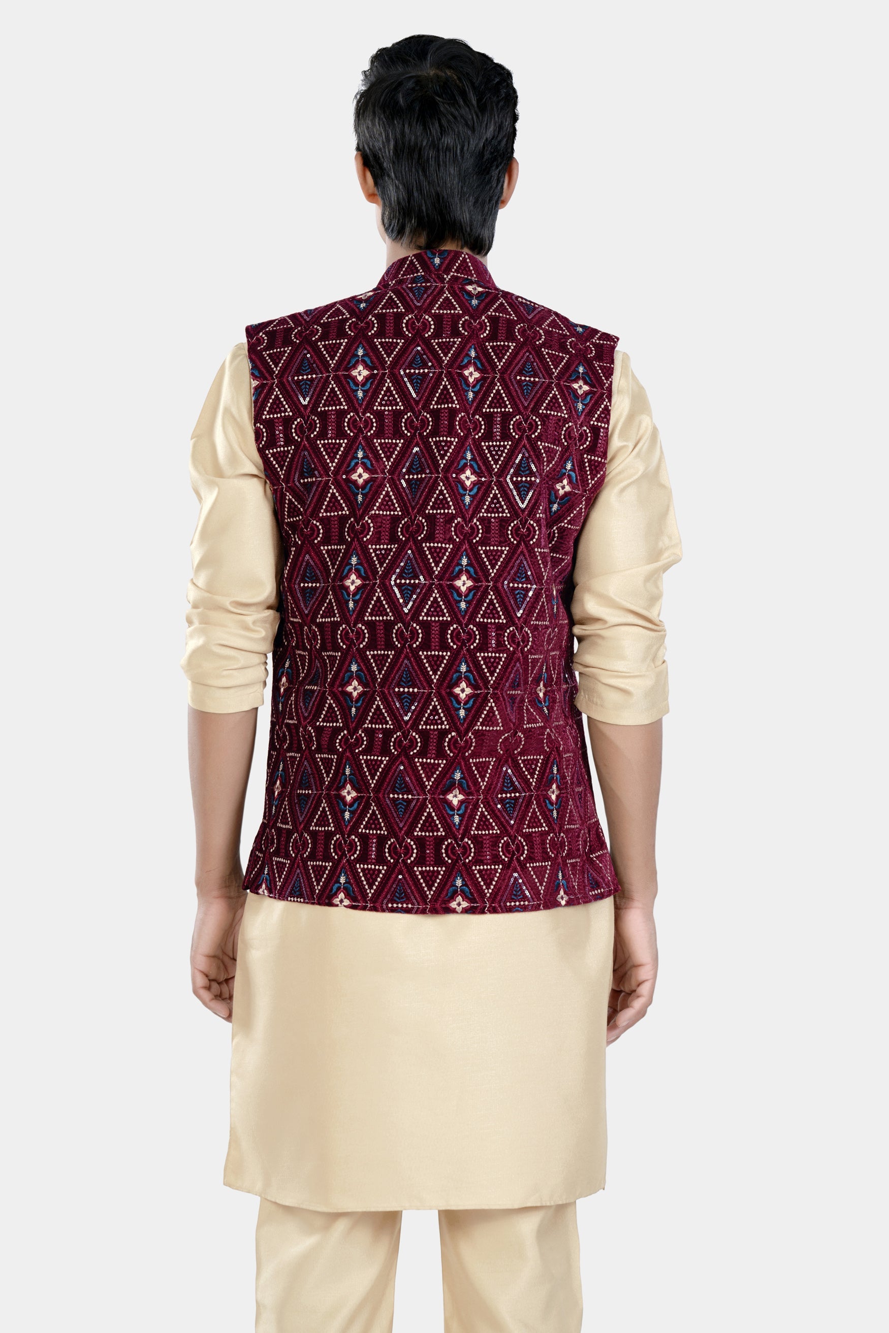 Almond Brown Kurta Set with Castro Maroon Geometric Thread and Sequin Embroidered Designer Nehru Jacket KPNJ011-44,  KPNJ011-46,  KPNJ011-48,  KPNJ011-50,  KPNJ011-52,  KPNJ011-54,  KPNJ011-56,  KPNJ011-58,  KPNJ011-60