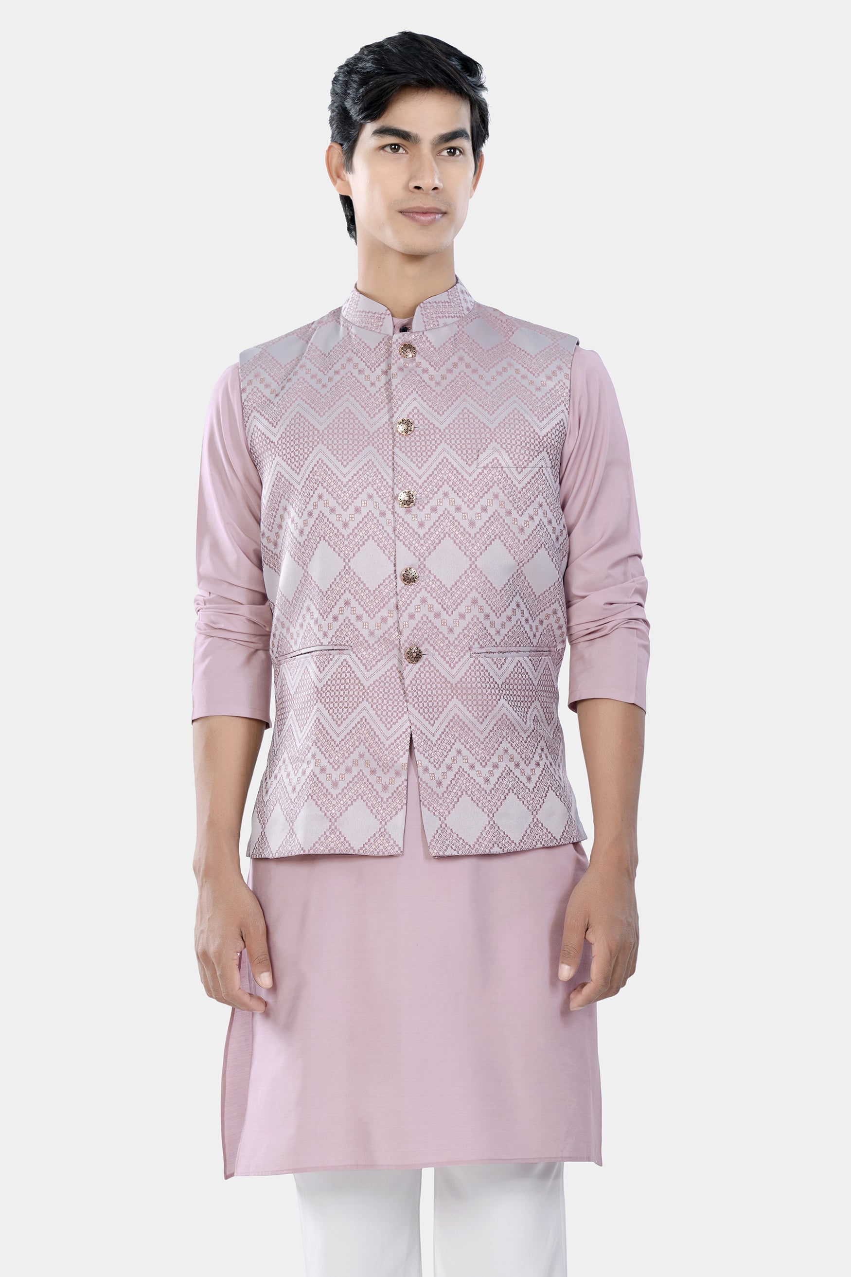 Thistle Pink Kurta Set with Blossom Pink Chevron Thread Embroidered Designer Nehru Jacket KPNJ015-44,  KPNJ015-46,  KPNJ015-48,  KPNJ015-50,  KPNJ015-52,  KPNJ015-54,  KPNJ015-56,  KPNJ015-58,  KPNJ015-60