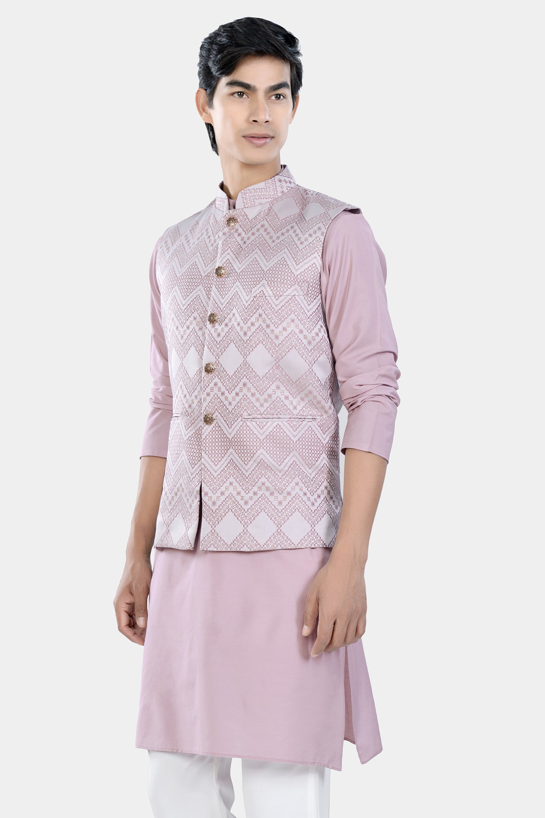 Thistle Pink Kurta Set with Blossom Pink Chevron Thread Embroidered Designer Nehru Jacket KPNJ015-44,  KPNJ015-46,  KPNJ015-48,  KPNJ015-50,  KPNJ015-52,  KPNJ015-54,  KPNJ015-56,  KPNJ015-58,  KPNJ015-60