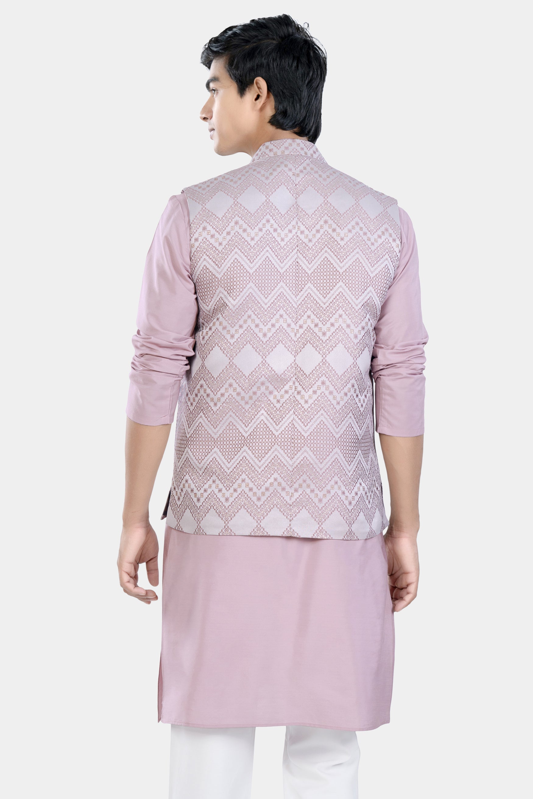 Thistle Pink Kurta Set with Blossom Pink Chevron Thread Embroidered Designer Nehru Jacket KPNJ015-44,  KPNJ015-46,  KPNJ015-48,  KPNJ015-50,  KPNJ015-52,  KPNJ015-54,  KPNJ015-56,  KPNJ015-58,  KPNJ015-60