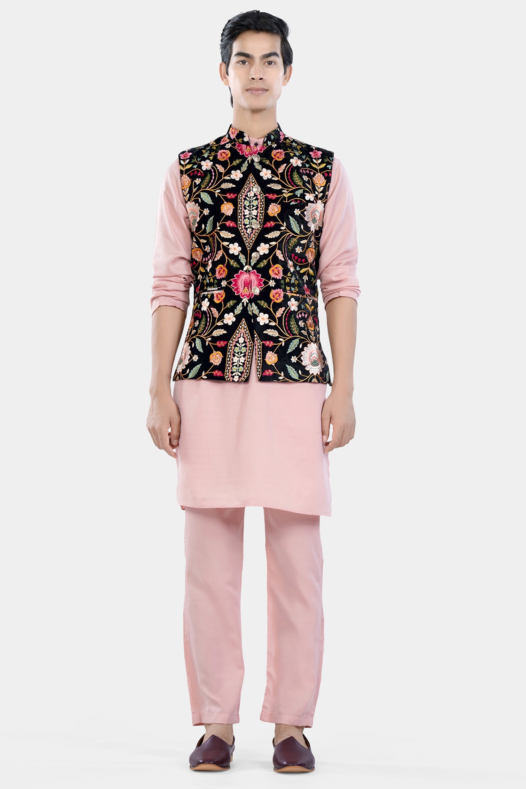 Beauty Bush Pink Kurta Set with Jade Black and Carmine Pink Multicolour Floral Thread Embroidered Designer Nehru Jacket KPNJ038-44,  KPNJ038-46,  KPNJ038-48,  KPNJ038-50,  KPNJ038-52,  KPNJ038-54,  KPNJ038-56,  KPNJ038-58,  KPNJ038-60