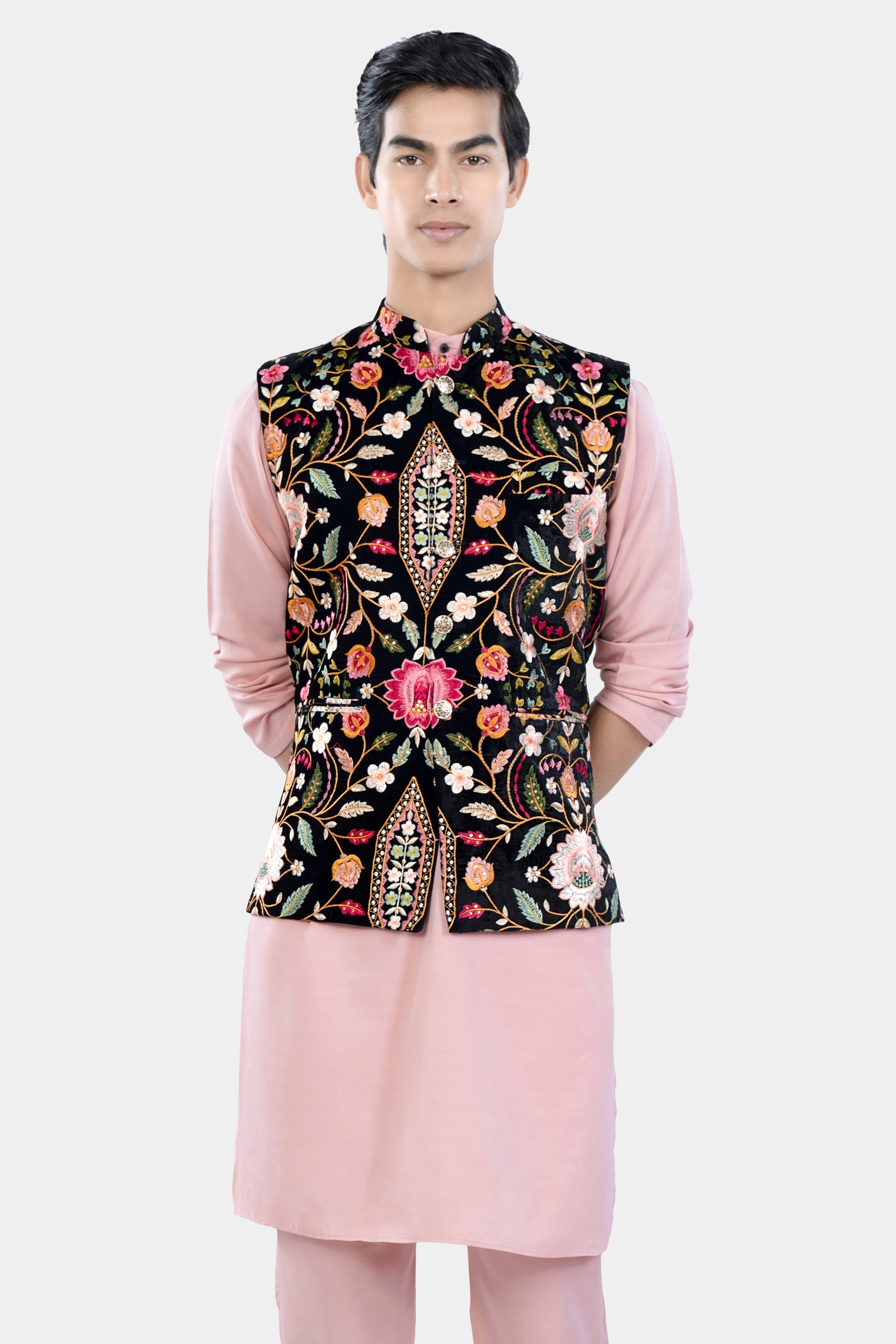 Beauty Bush Pink Kurta Set with Jade Black and Carmine Pink Multicolour Floral Thread Embroidered Designer Nehru Jacket KPNJ038-44,  KPNJ038-46,  KPNJ038-48,  KPNJ038-50,  KPNJ038-52,  KPNJ038-54,  KPNJ038-56,  KPNJ038-58,  KPNJ038-60