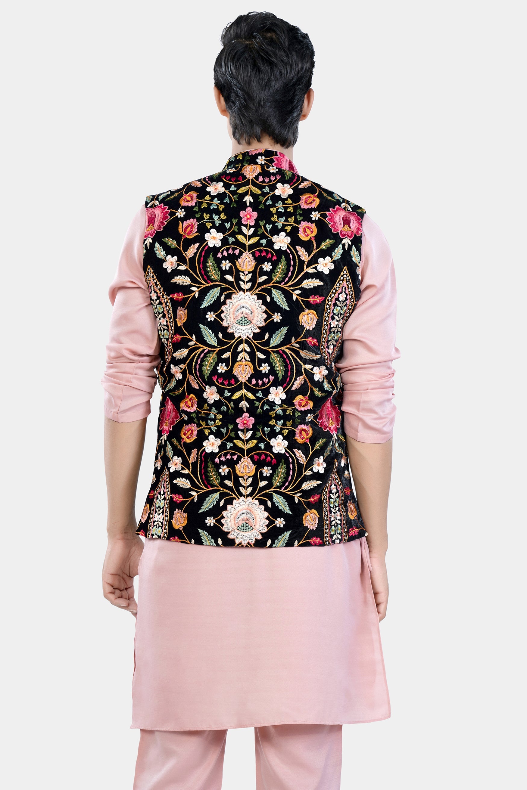 Beauty Bush Pink Kurta Set with Jade Black and Carmine Pink Multicolour Floral Thread Embroidered Designer Nehru Jacket KPNJ038-44,  KPNJ038-46,  KPNJ038-48,  KPNJ038-50,  KPNJ038-52,  KPNJ038-54,  KPNJ038-56,  KPNJ038-58,  KPNJ038-60