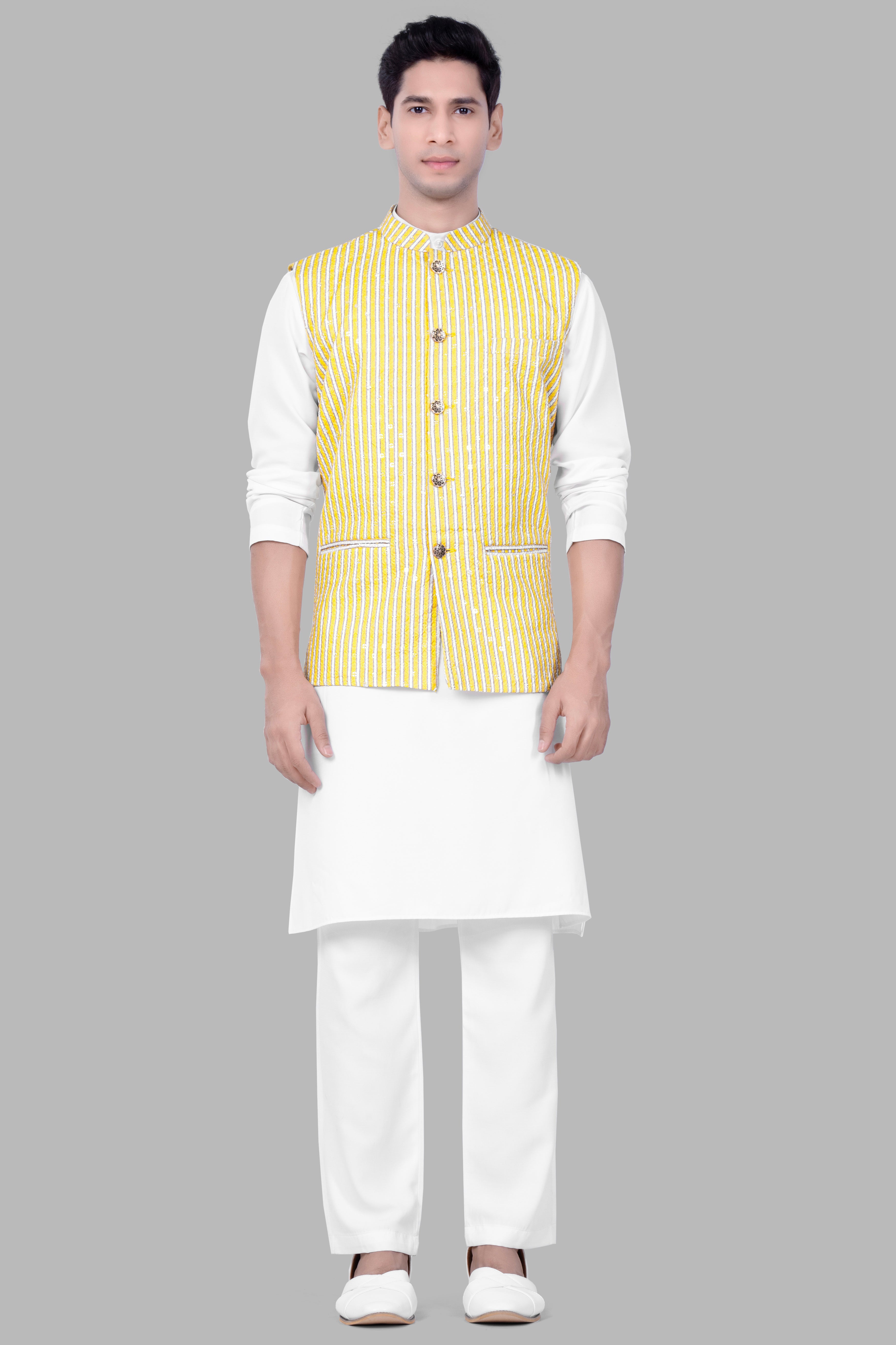 Bisque Beige Kurta Set With Drover Yellow And Bright White Striped Designer Thread Embroidered Nehru Jacket