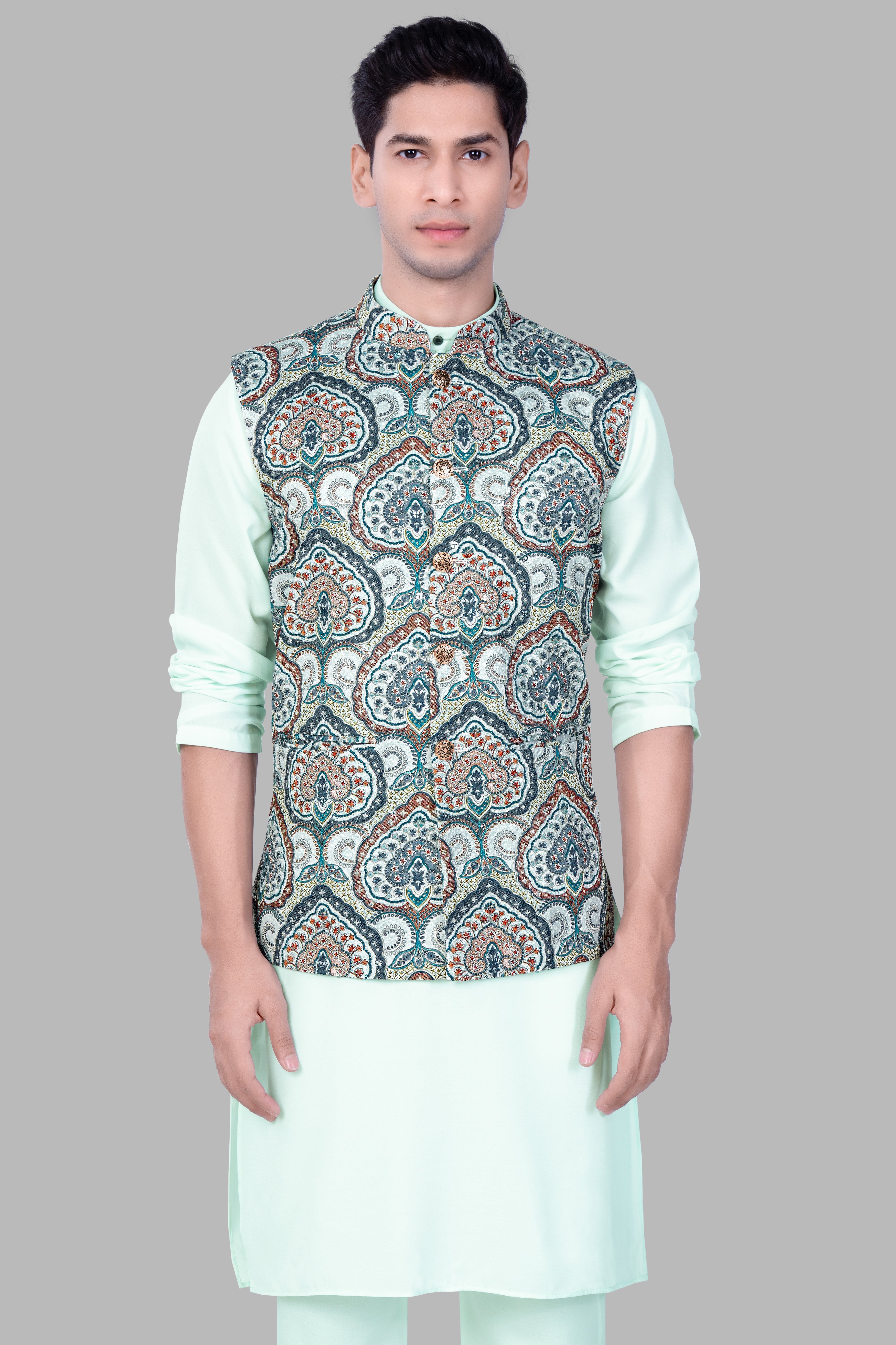Periglacial Green Kurta Set With Shiraz Blue And Hippie Red MultiColour Embroidered Nehru Jacket