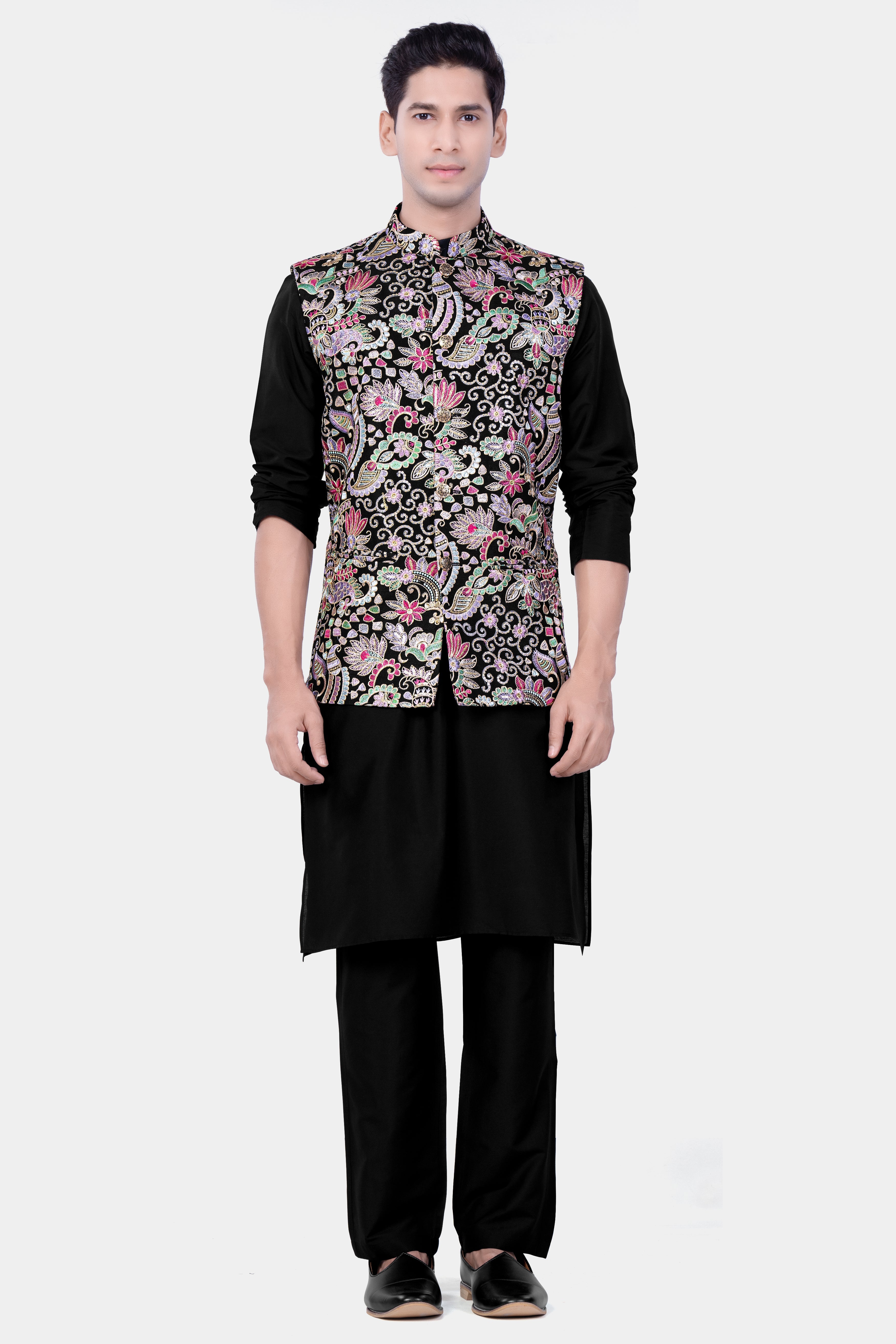Jade Black And Amethyst Purple MultiColour Designer Embroidered Kurta Nehru Jacket Set