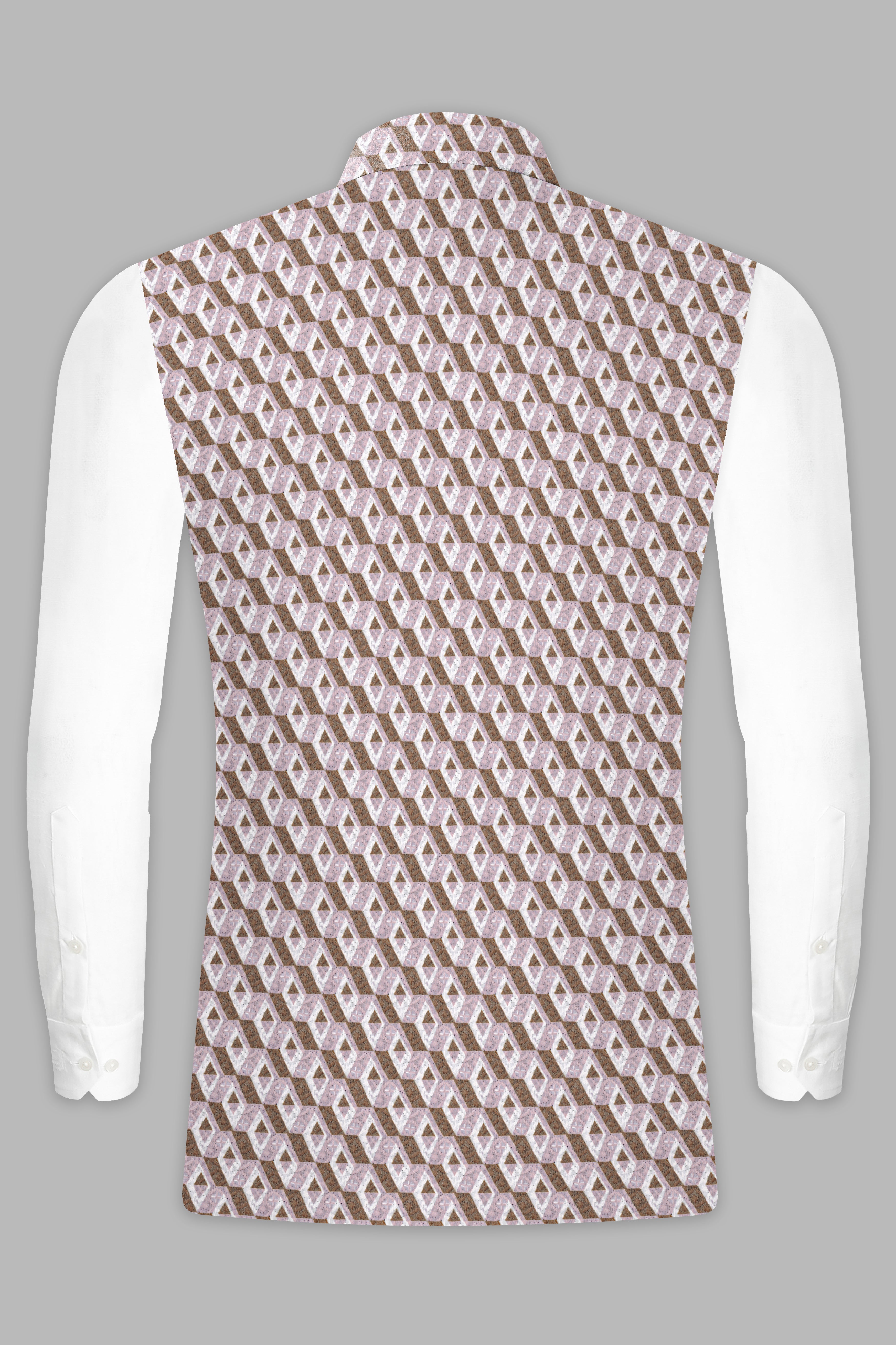 Albescent Cream With Clam Shell Pink And Roman Coffee Brown 3D Box Quilt Embroidered Nehru Jacket