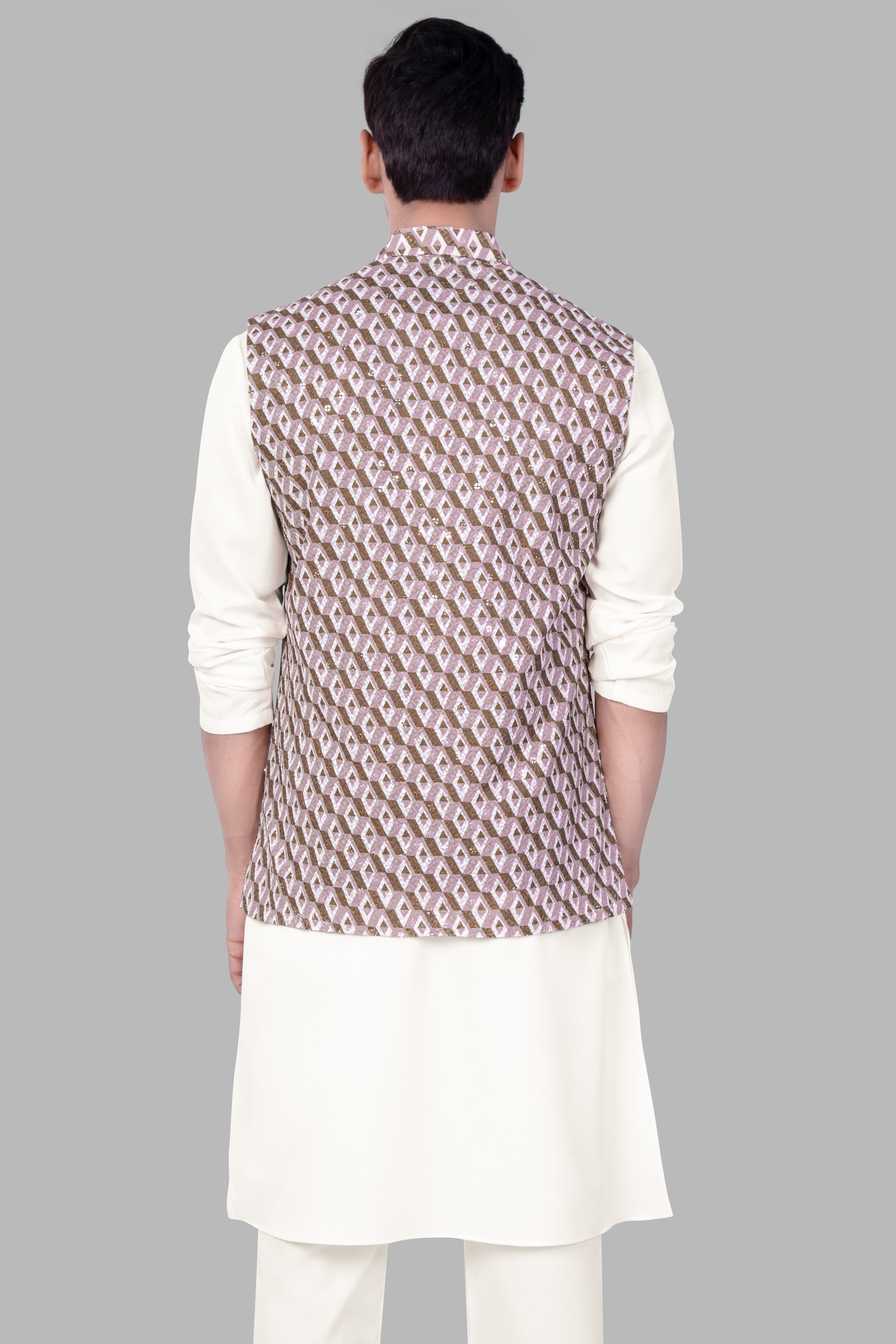 Albescent Cream With Clam Shell Pink And Roman Coffee Brown 3D Box Quilt Embroidered Nehru Jacket