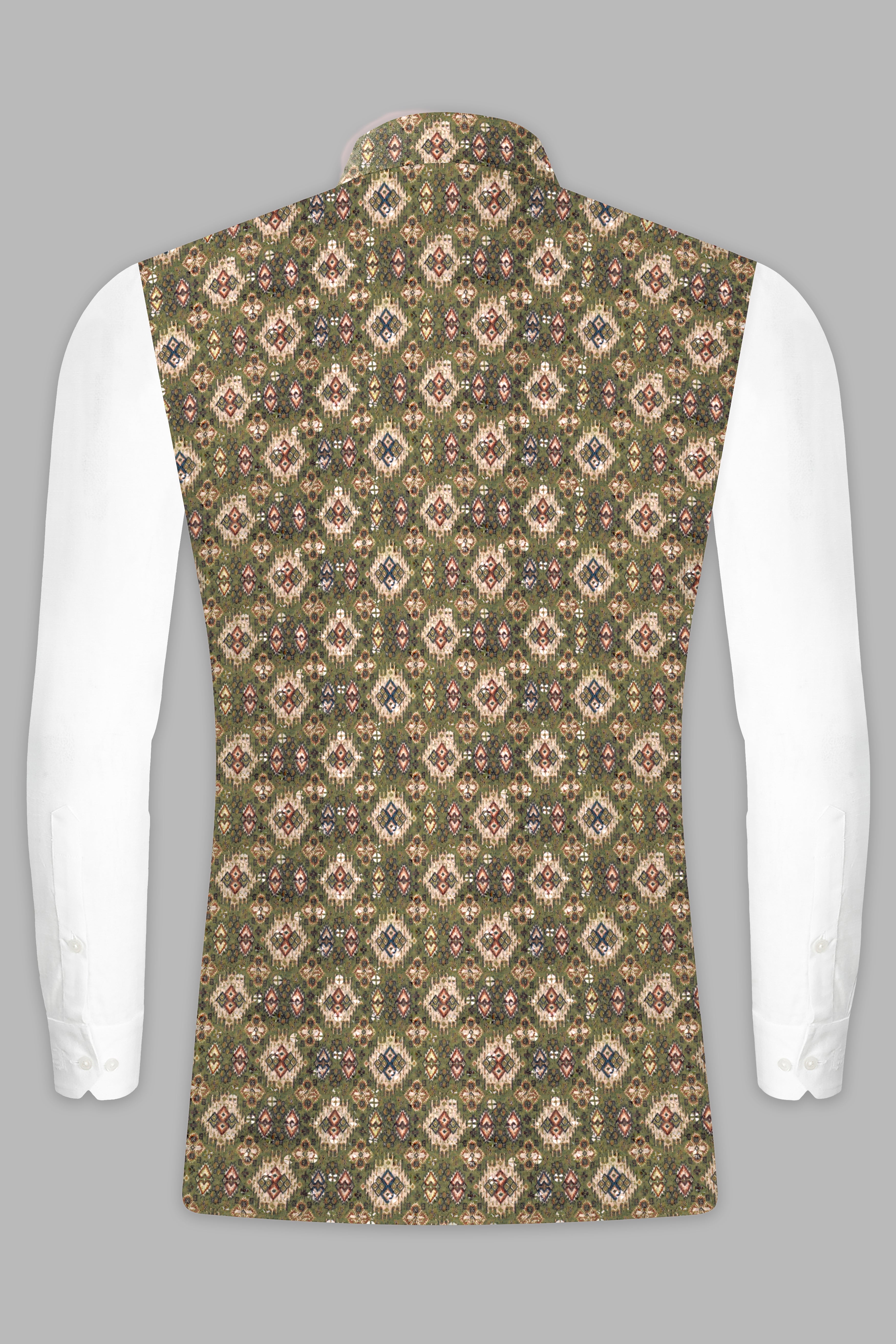 Albescent Cream With Finch Green And Coffee Brown MultiColour Designer Embroidered Nehru Jacket