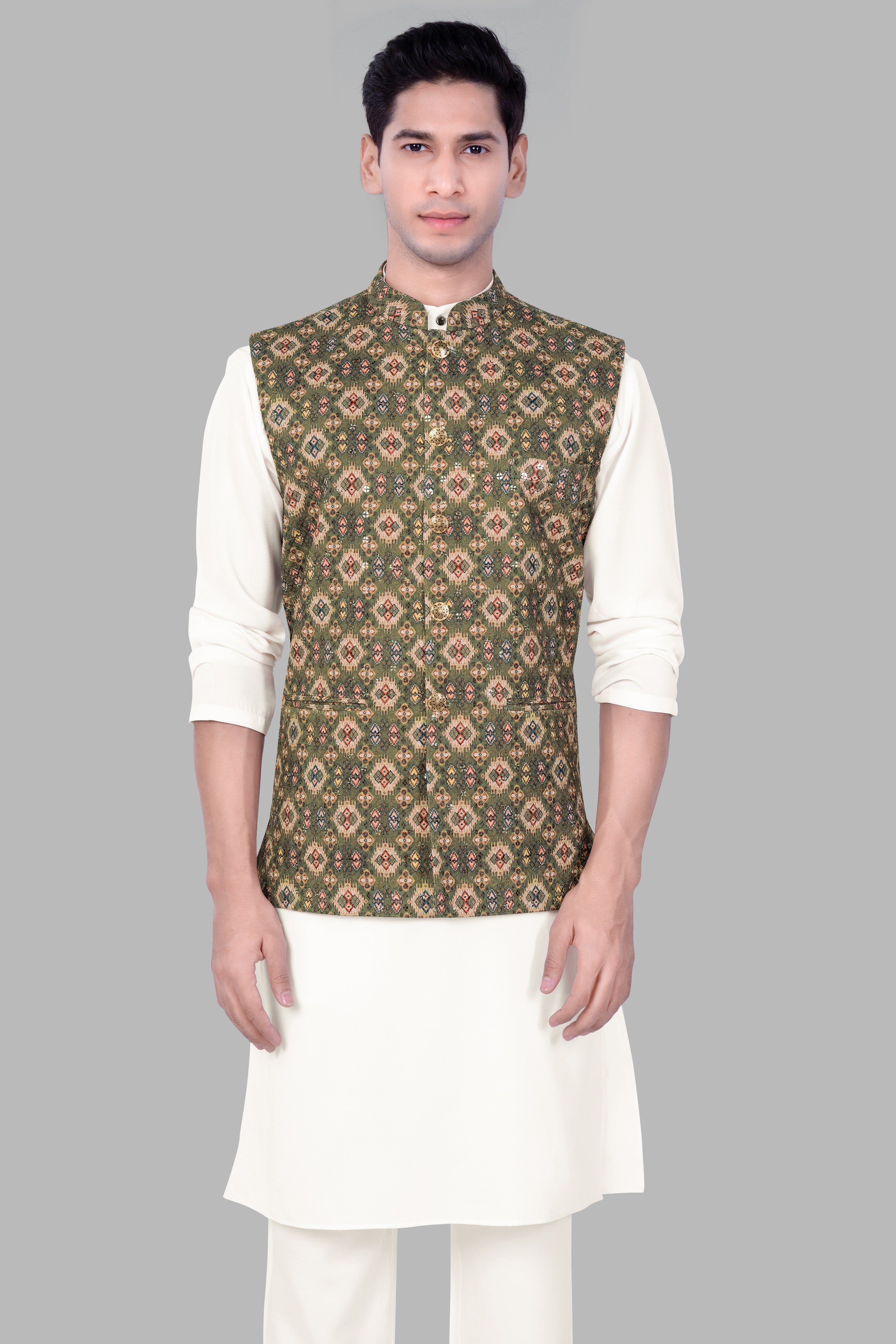 Albescent Cream With Finch Green And Coffee Brown MultiColour Designer Embroidered Nehru Jacket