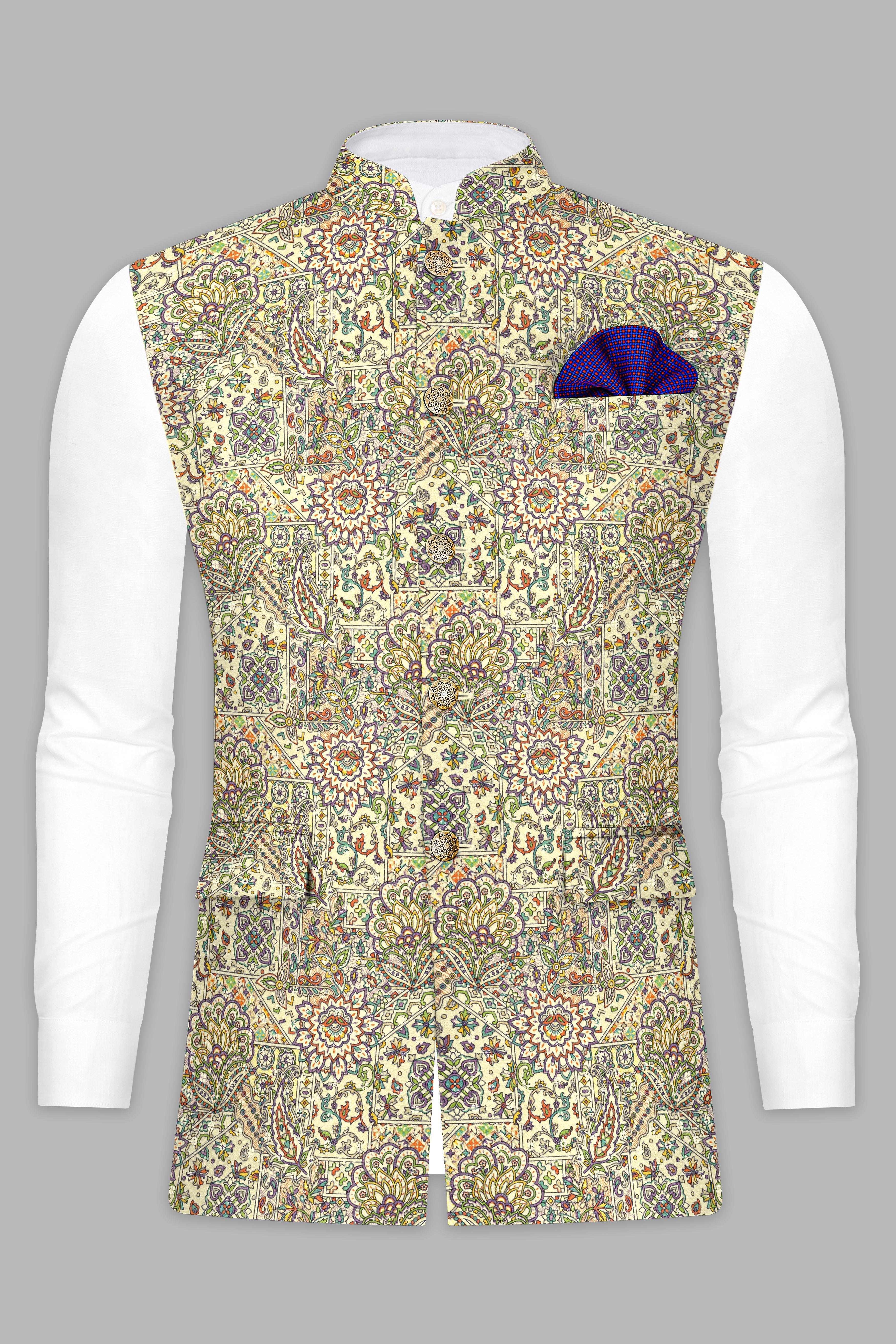 Albescent Cream Kurta Set With Eggshell Cream And Faded Purple MultiColour Embroidered Nehru Jacket