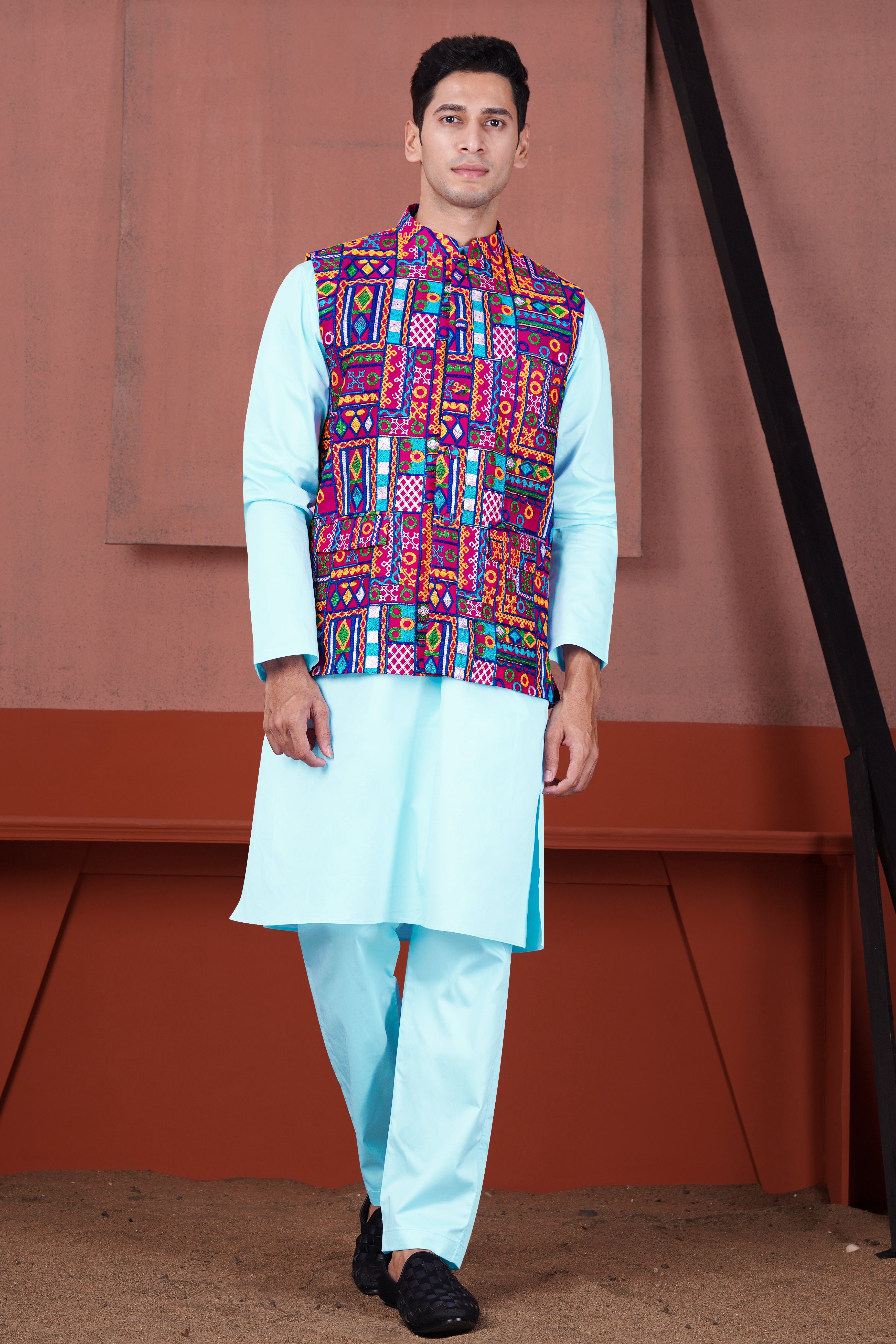 Charlotte Blue with Cotton Thread Embroidered Designer Kurta with Nehru Jacket