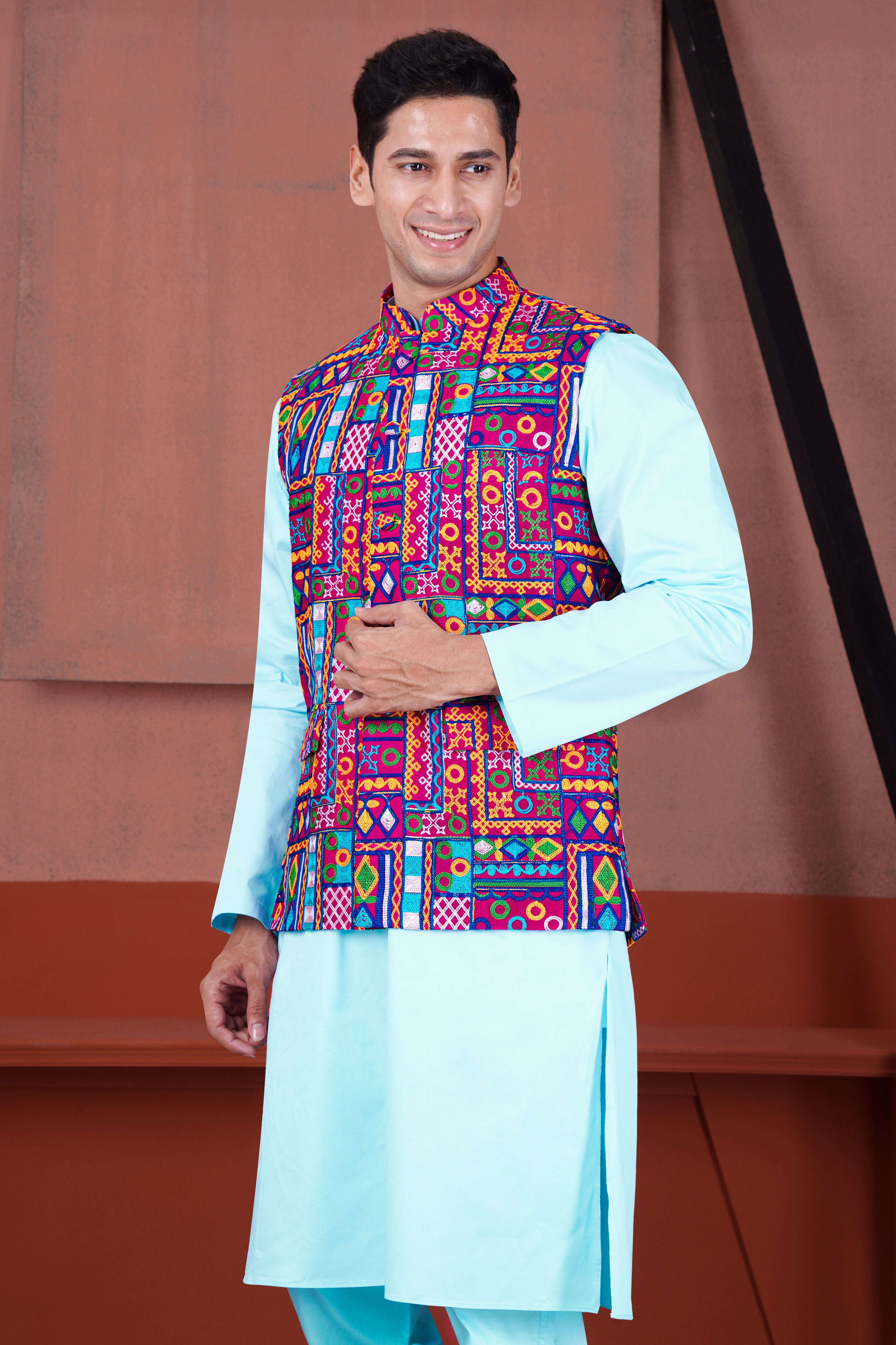 Charlotte Blue with Cotton Thread Embroidered Designer Kurta with Nehru Jacket