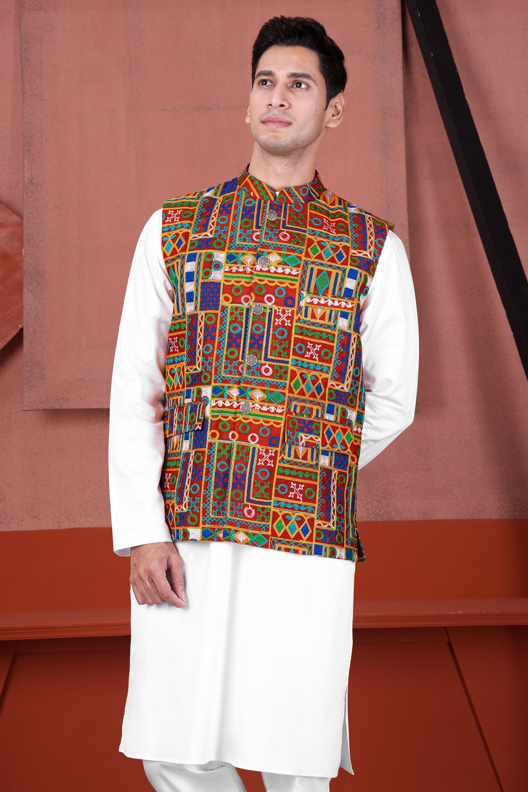 Bright White Cotton Thread Embroidered Designer Kurta With Nehru Jacket