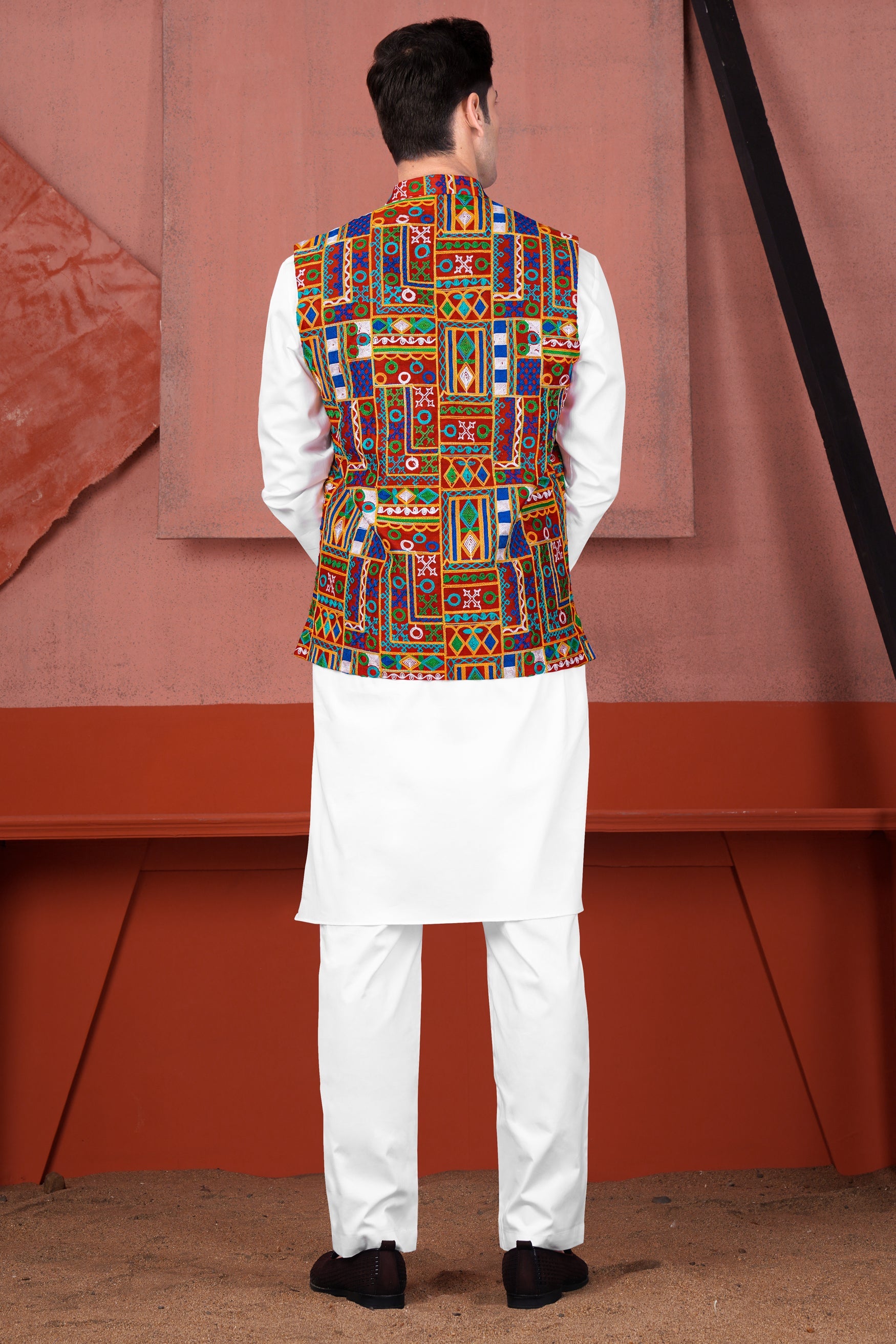 Bright White Cotton Thread Embroidered Designer Kurta With Nehru Jacket