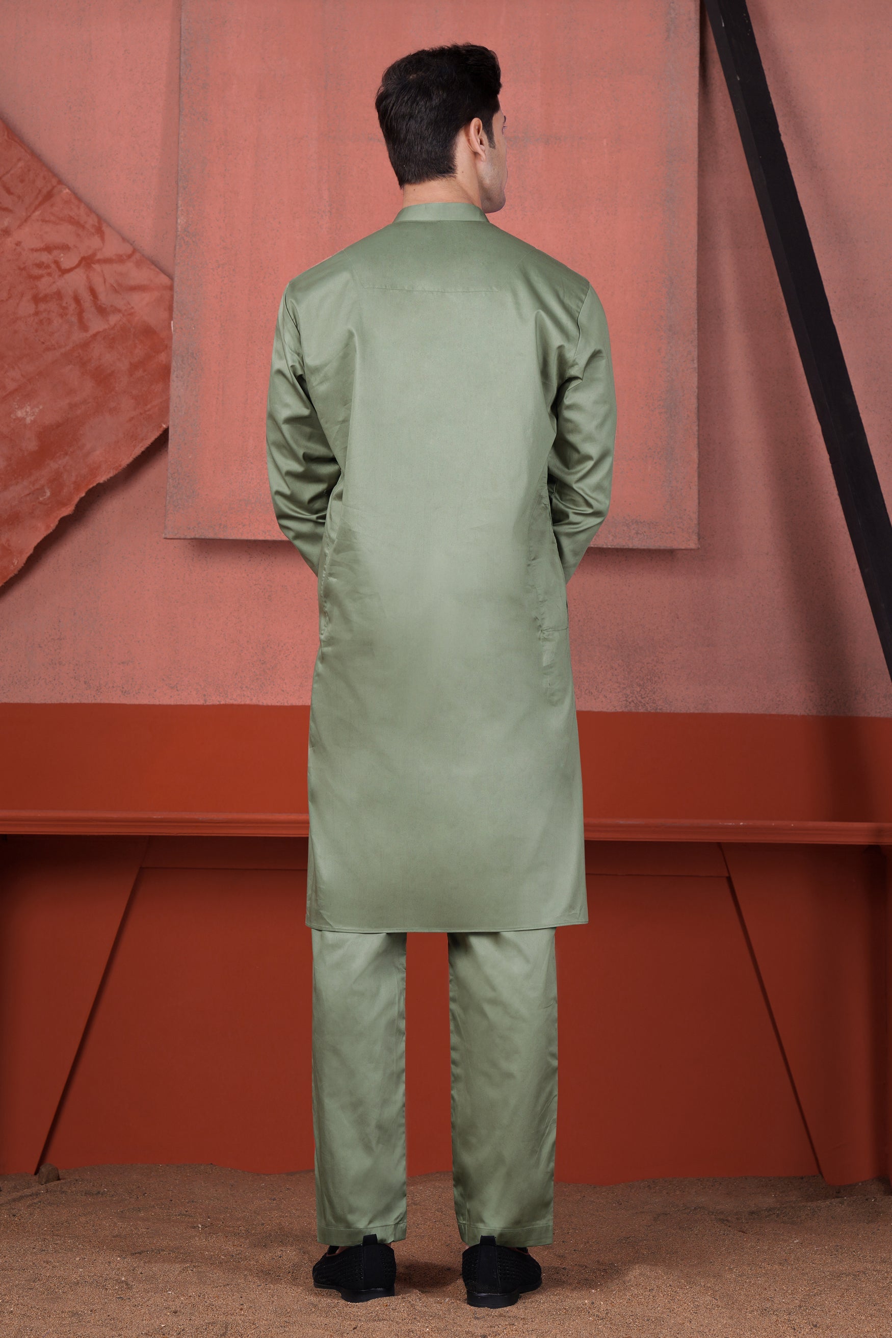Olive Green Cotton Thread Embroidered Designer Kurta With Nehru Jacket