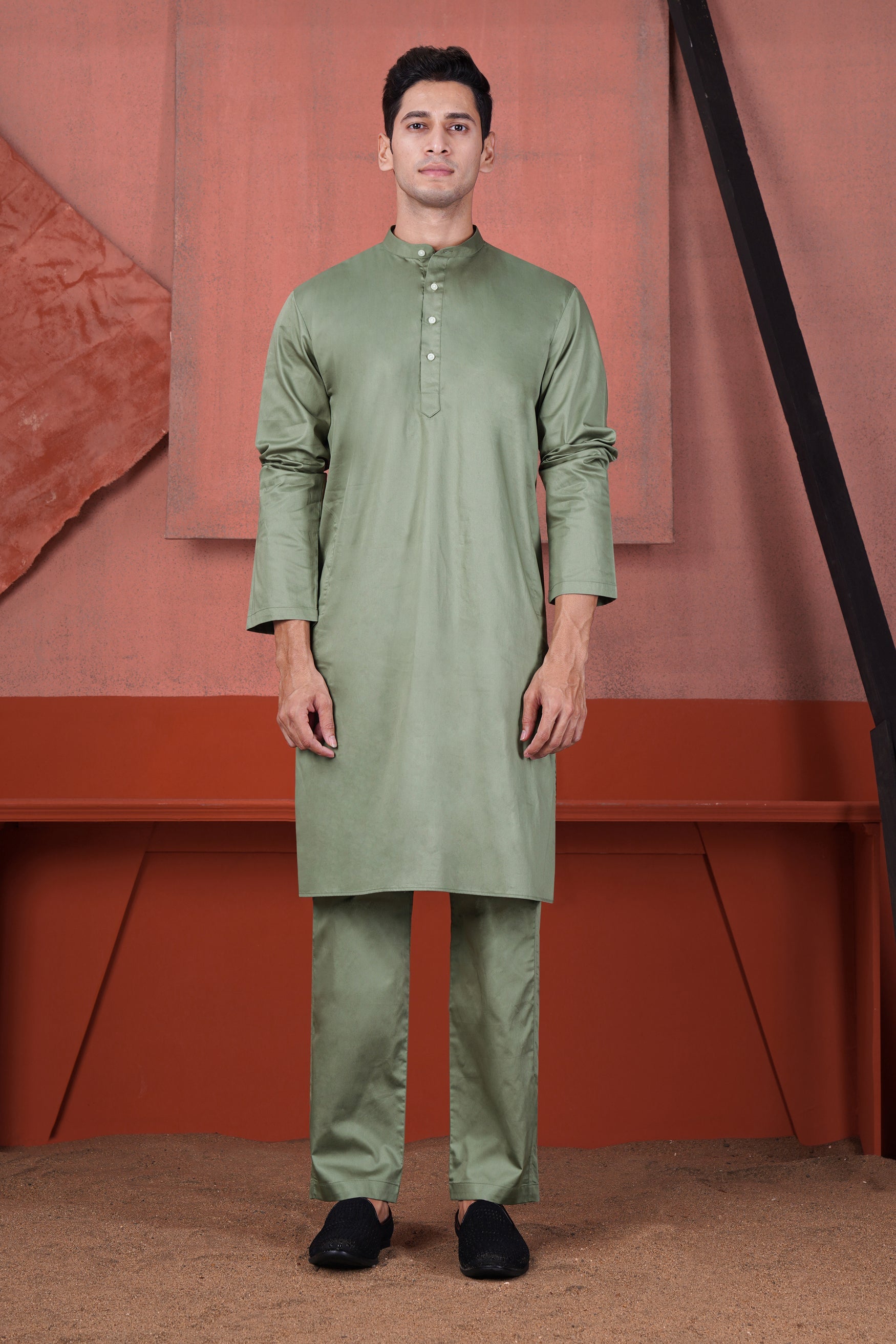 Olive Green Cotton Thread Embroidered Designer Kurta With Nehru Jacket
