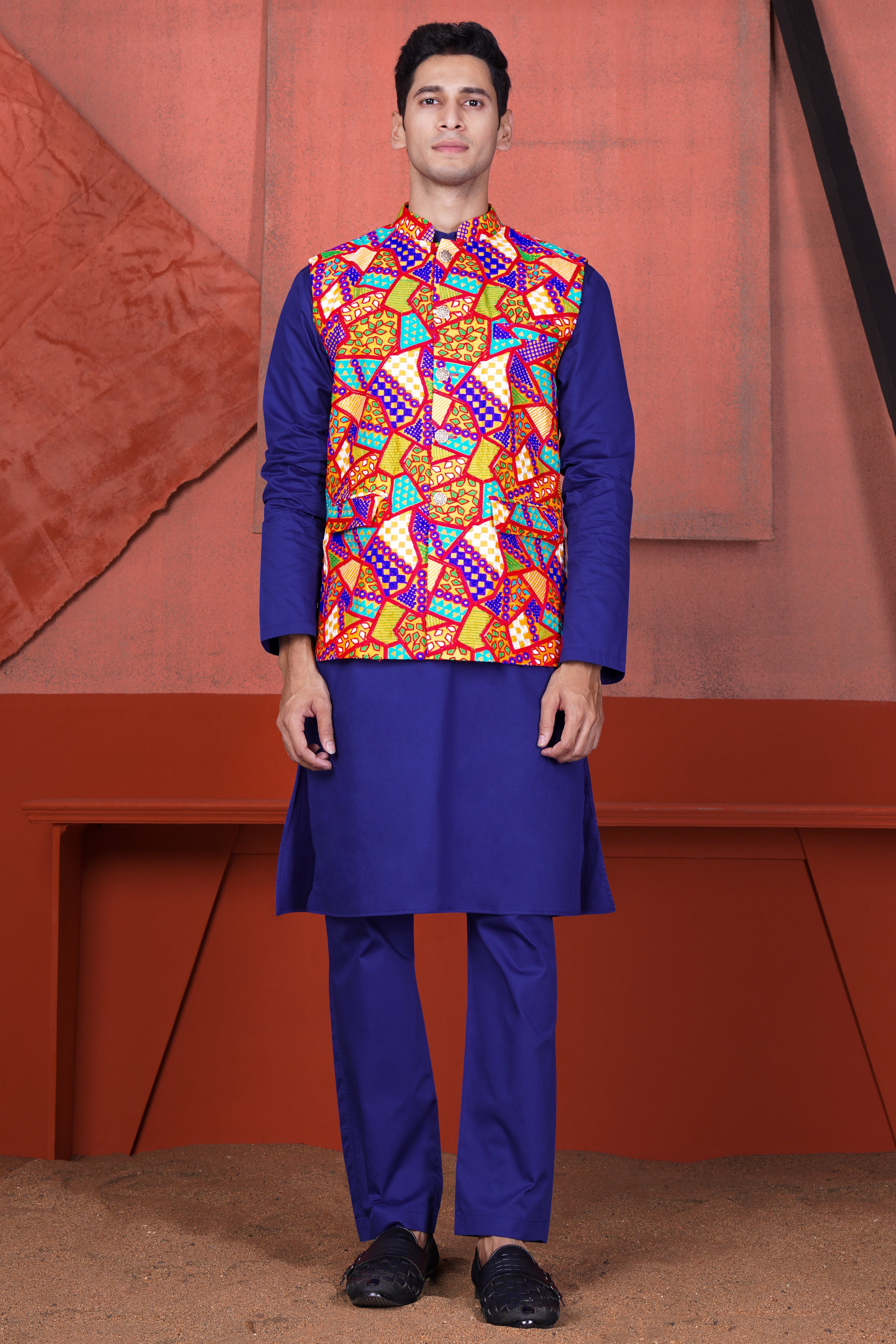 Indigo Blue Kurta with Carmine Red and Amber Orange Multicolour Cotton Thread Embroidered Designer Nehru Jacket