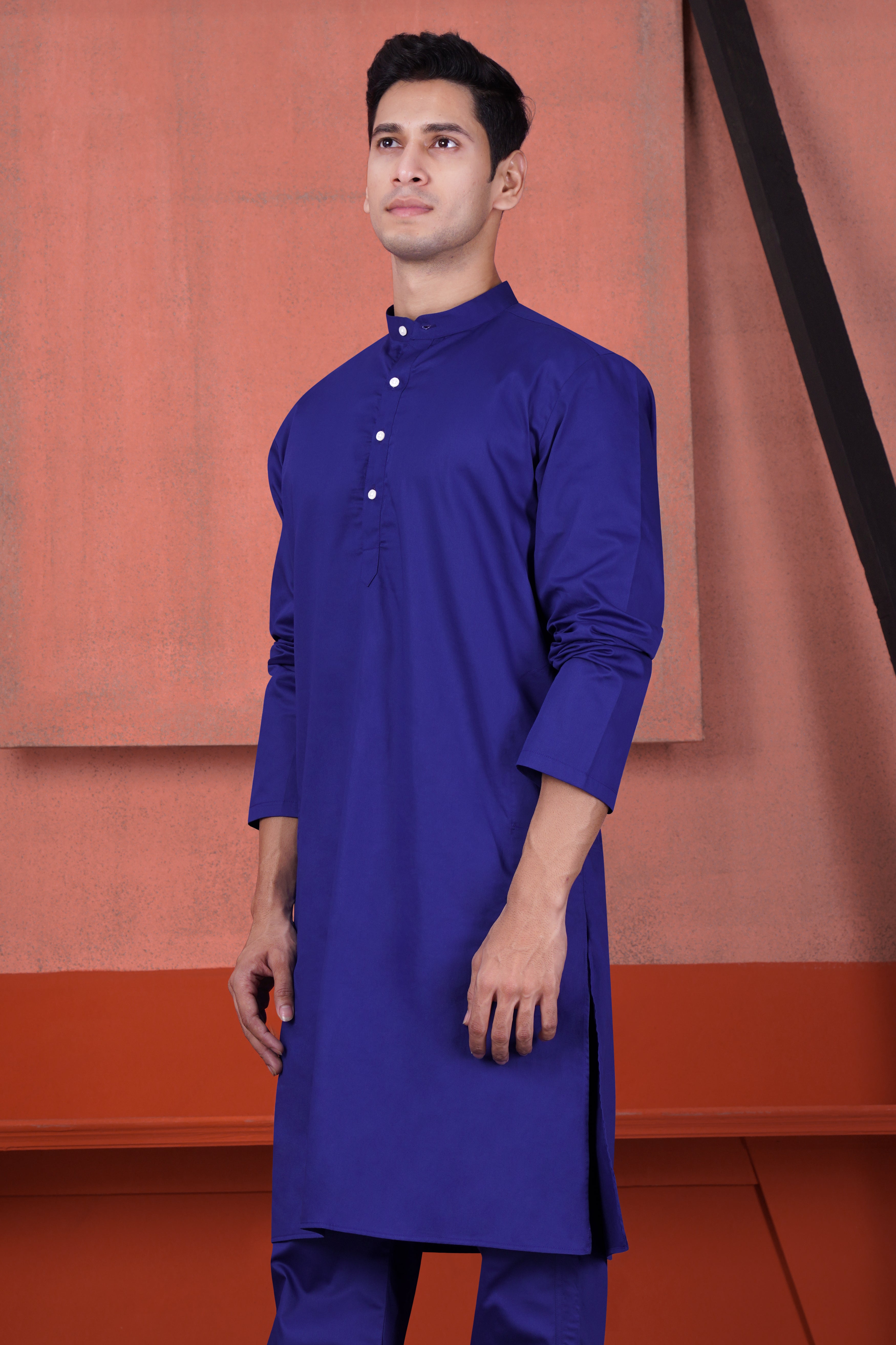 Indigo Blue Kurta with Carmine Red and Amber Orange Multicolour Cotton Thread Embroidered Designer Nehru Jacket