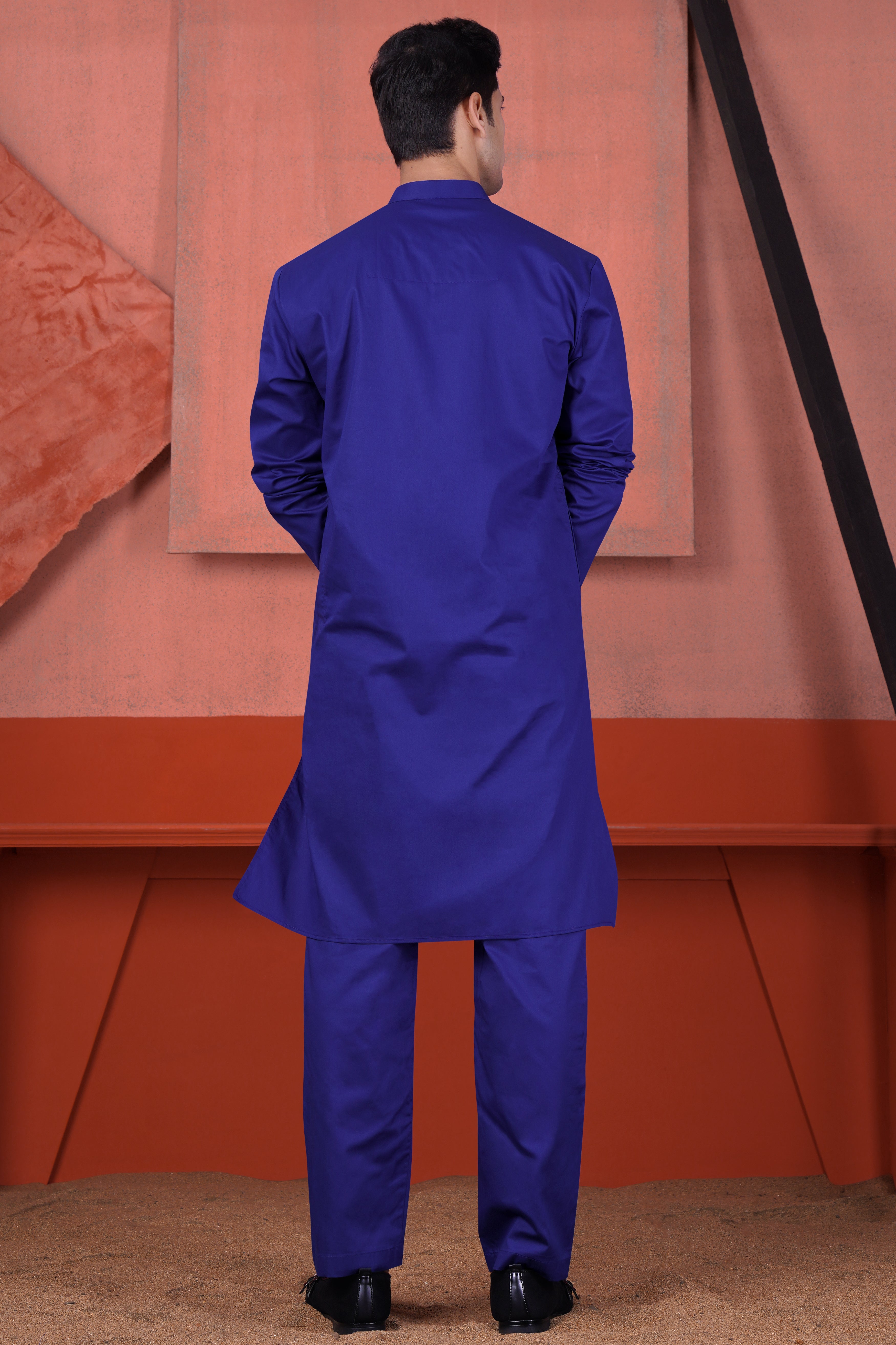 Indigo Blue Kurta with Carmine Red and Amber Orange Multicolour Cotton Thread Embroidered Designer Nehru Jacket