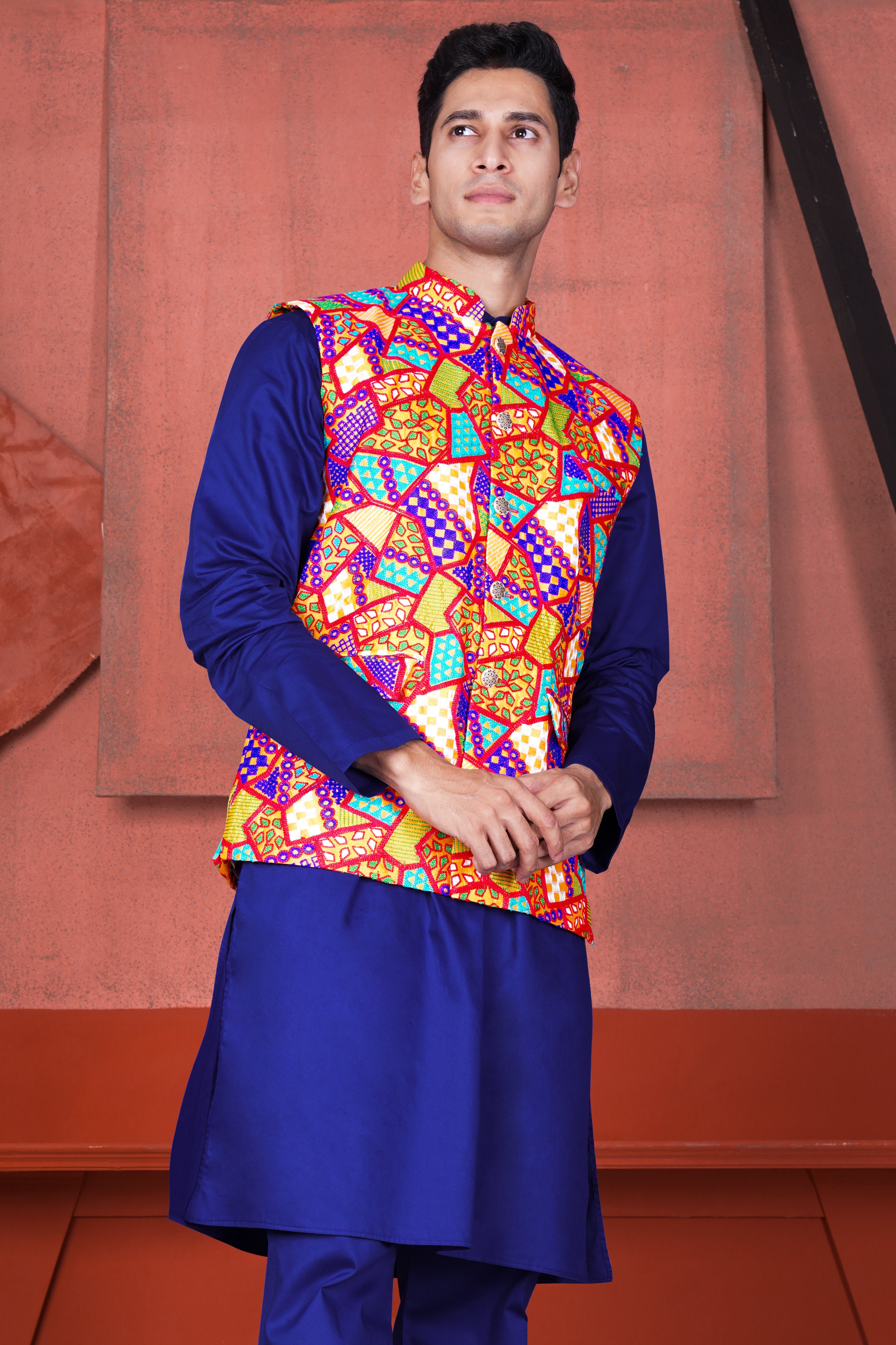 Indigo Blue Kurta with Carmine Red and Amber Orange Multicolour Cotton Thread Embroidered Designer Nehru Jacket