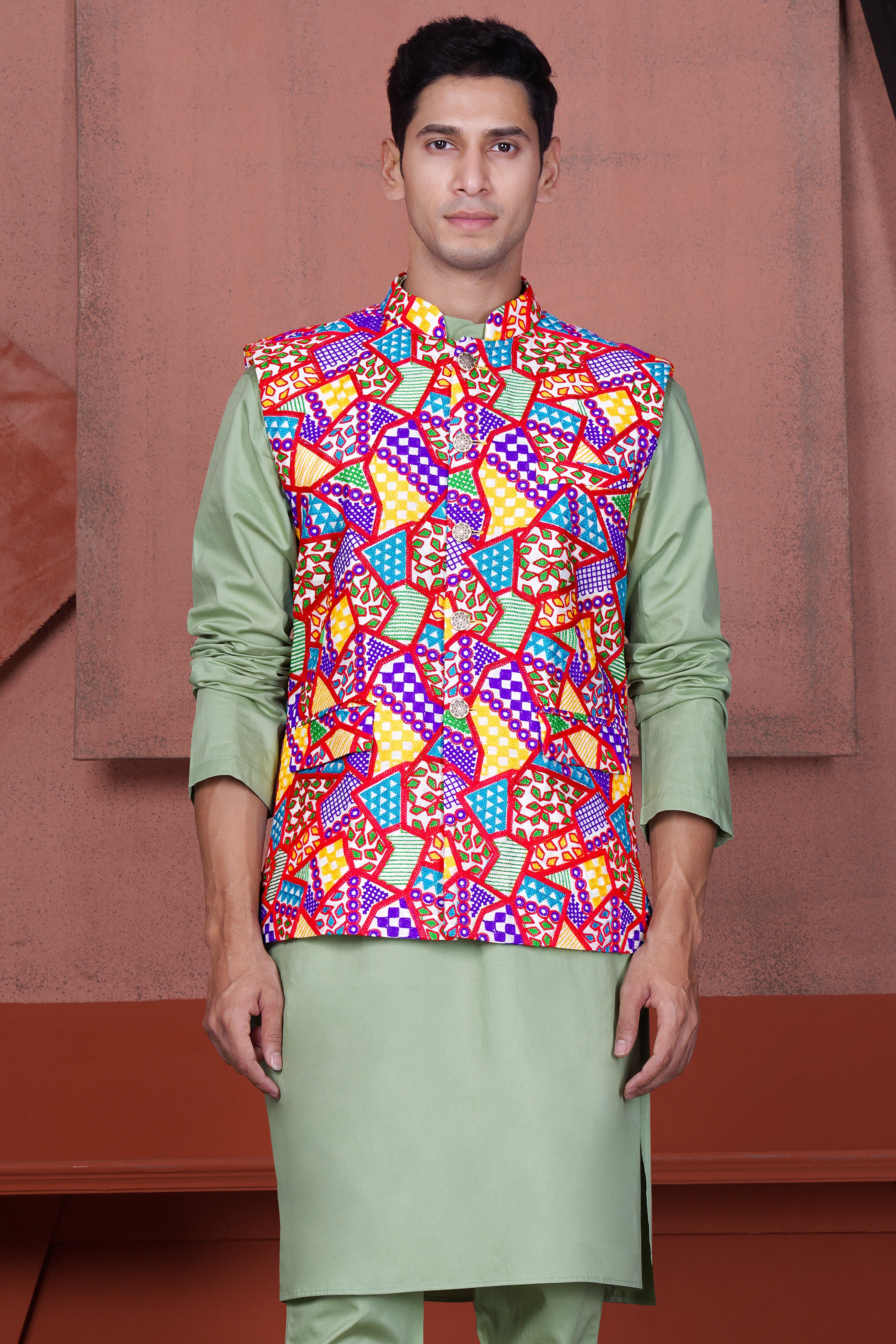 Coriander Green Kurta with Carmine Red and Cobalt Blue Multicolour Cotton Thread Embroidered Designer Nehru Jacket