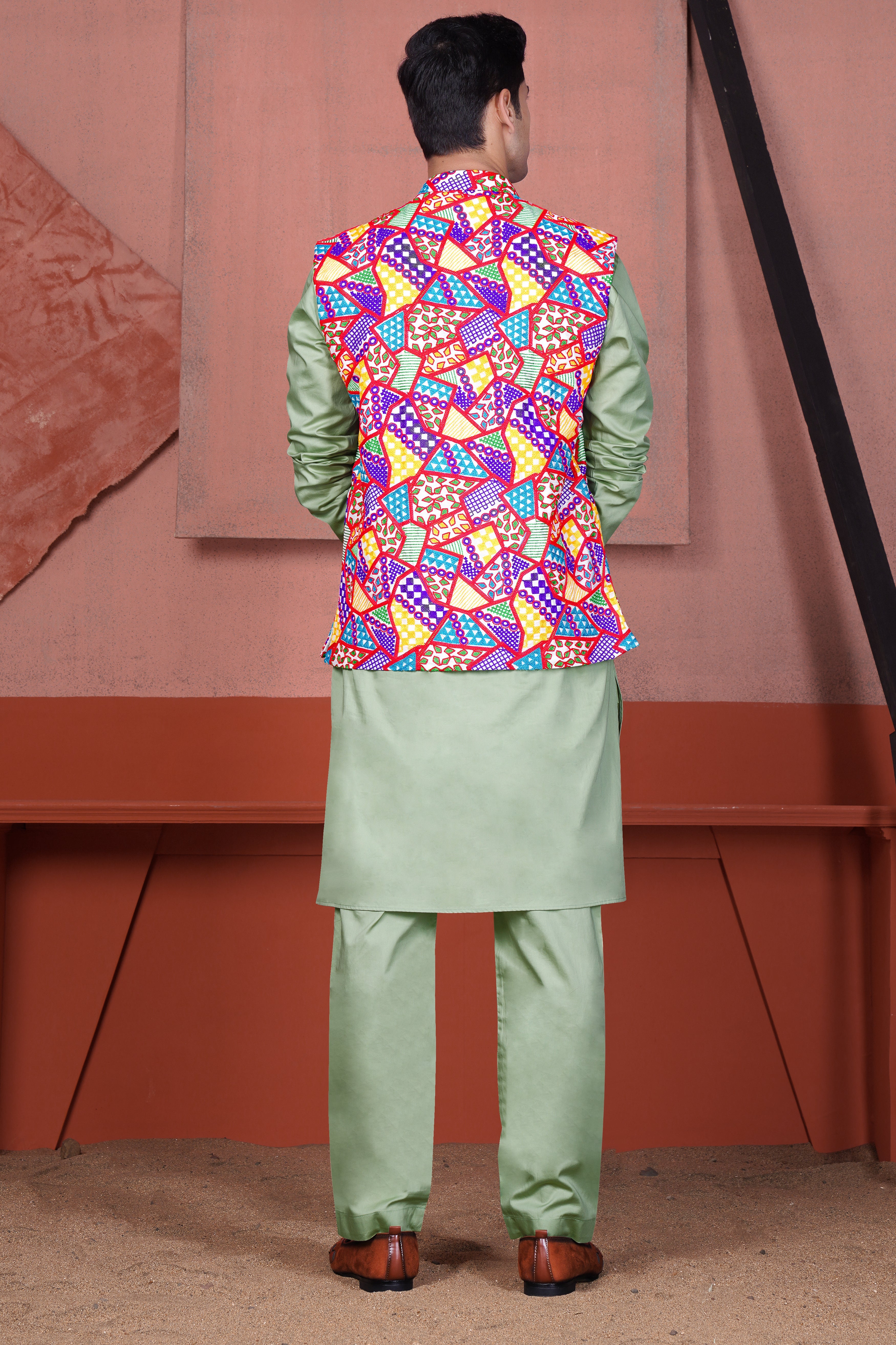 Coriander Green Kurta with Carmine Red and Cobalt Blue Multicolour Cotton Thread Embroidered Designer Nehru Jacket