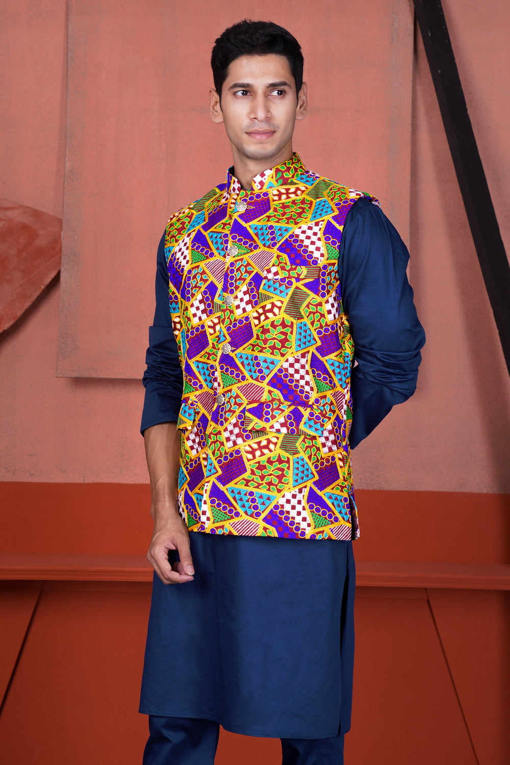 COBALT BLUE COTTON THREAD EMBROIDERED DESIGNER KURTA WITH NEHRU JACKET