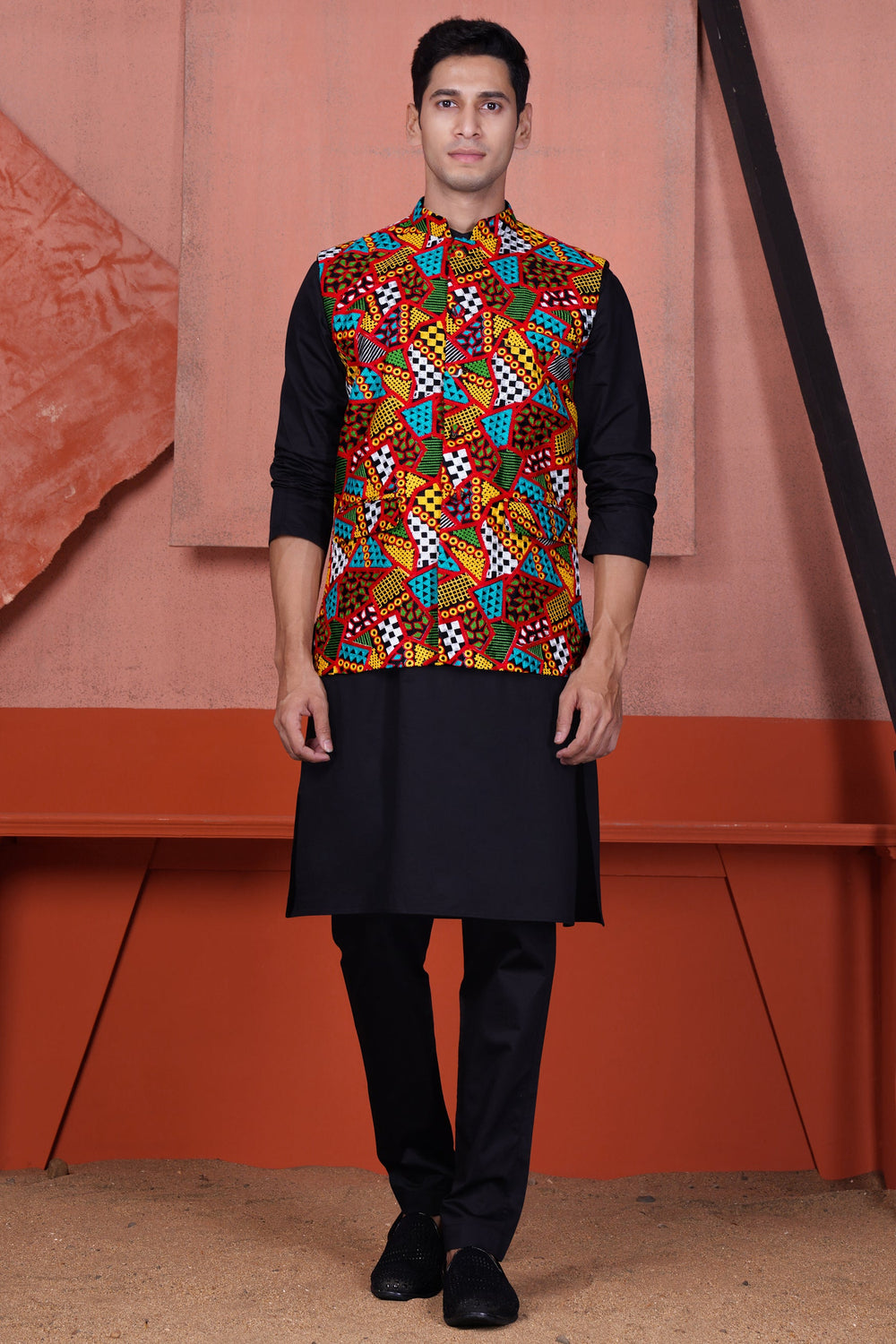 JADE BLACK KURTA WITH CARNELIAN RED AND KELLY GREEN MULTICOLOUR COTTON THREAD EMBROIDERED DESIGNER NEHRU JACKET