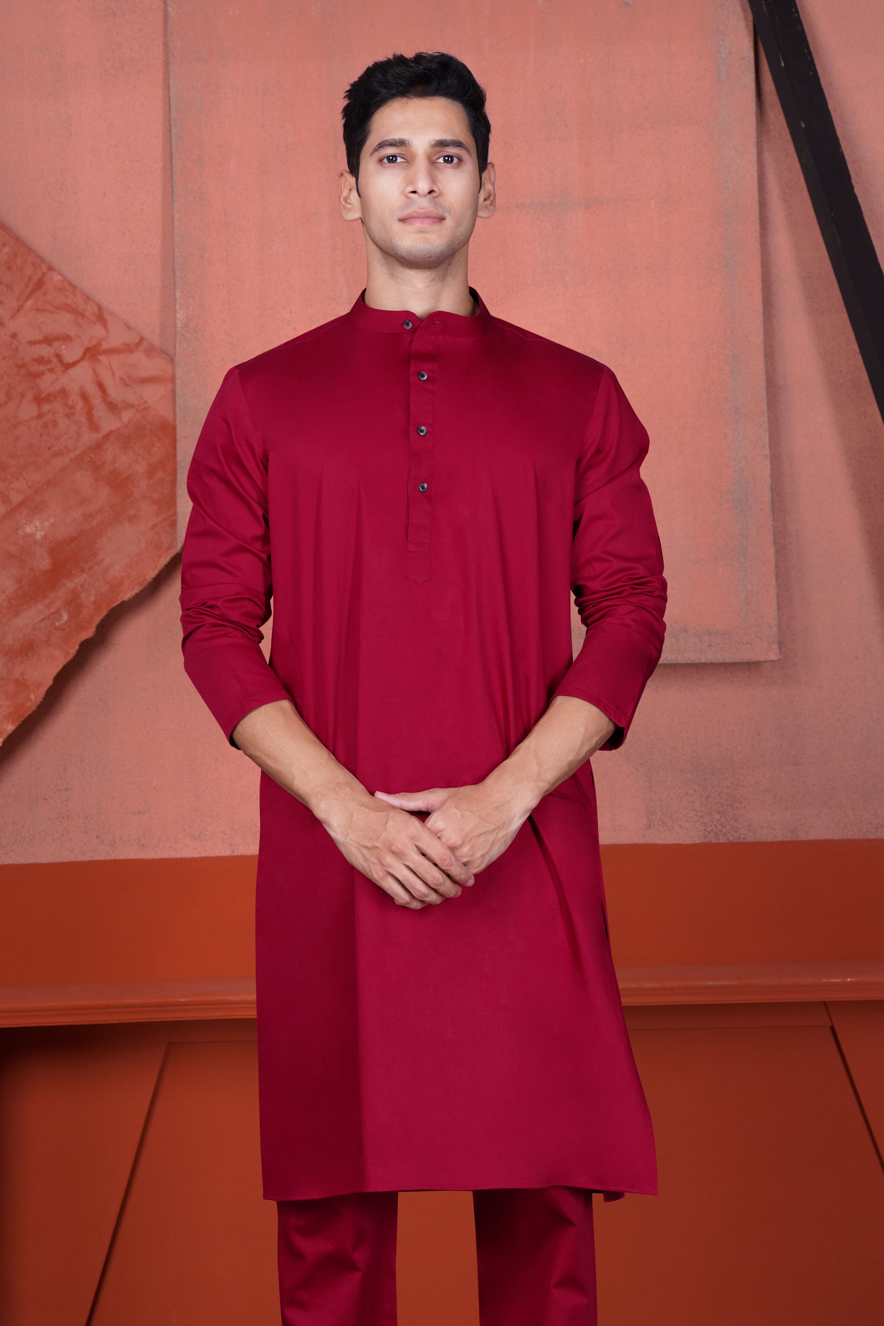 Vivid Auburn Red Kurta with Canray Orange and Catalina Blue Multicolour Cotton Thread Embroidered Designer Nehru Jacket