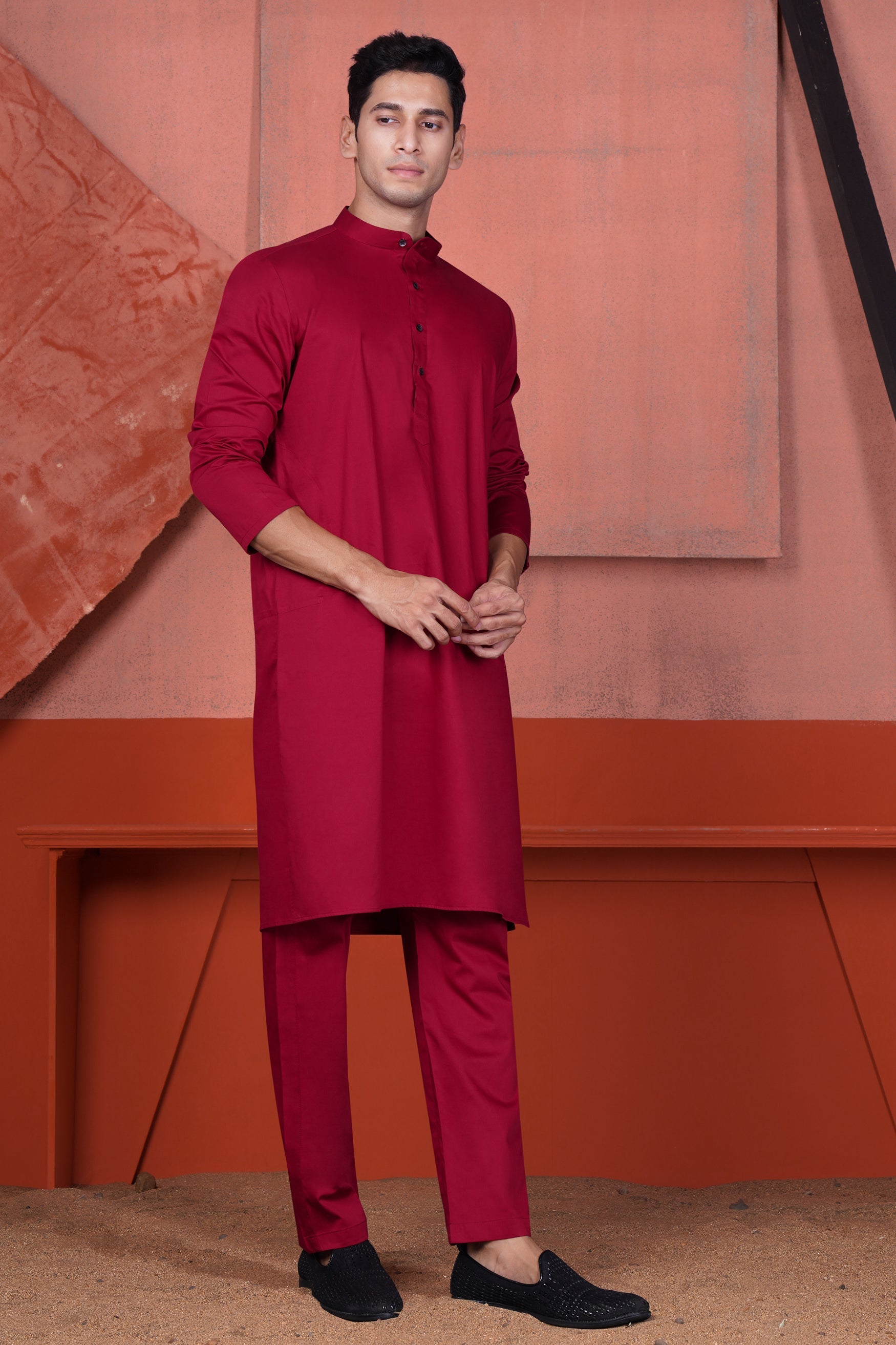 Vivid Auburn Red Kurta with Canray Orange and Catalina Blue Multicolour Cotton Thread Embroidered Designer Nehru Jacket