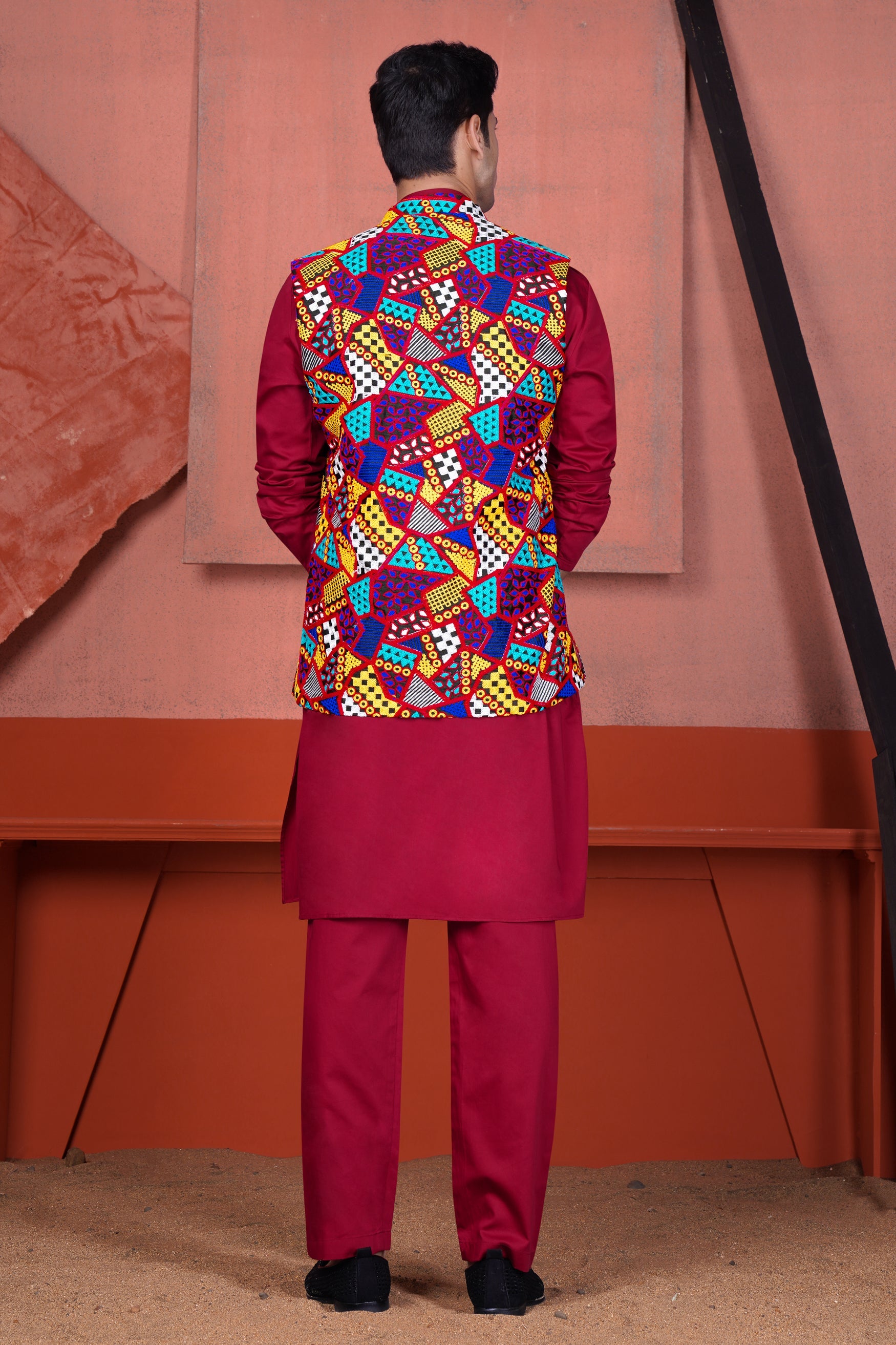 Vivid Auburn Red Kurta with Canray Orange and Catalina Blue Multicolour Cotton Thread Embroidered Designer Nehru Jacket