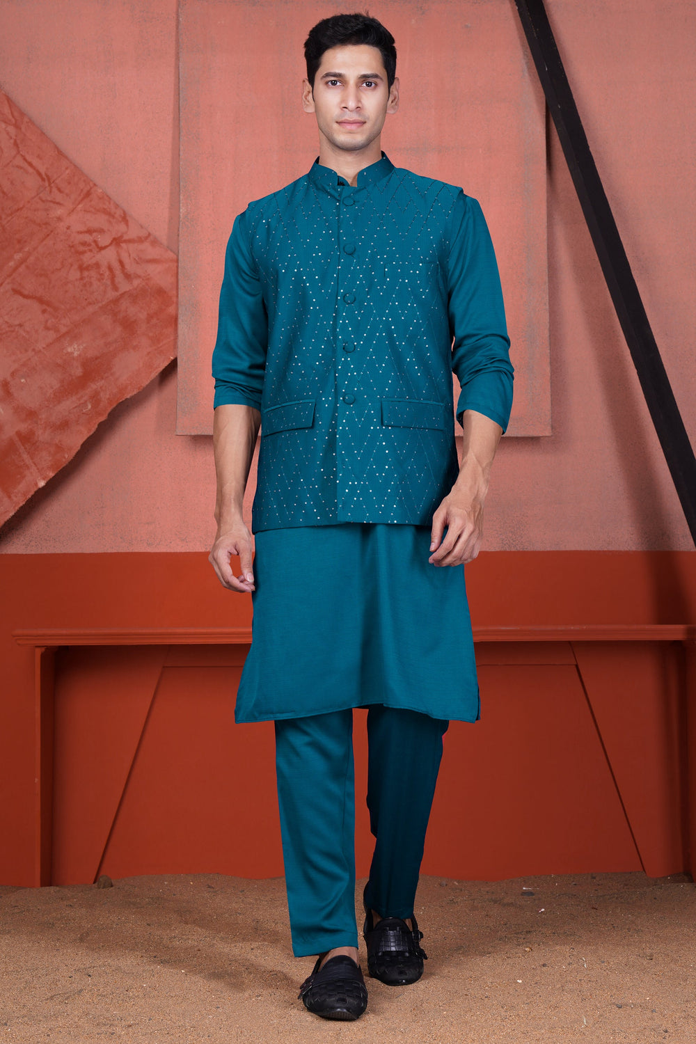 VENICE BLUE TIKKI WORK DESIGNER KURTA WITH NEHRU JACKET