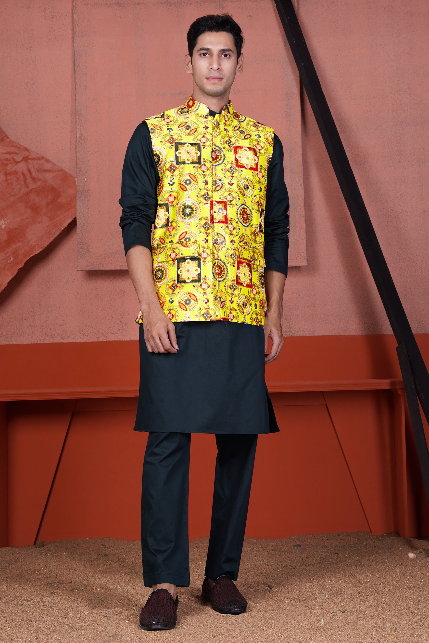 Gunmetal Blue Kurta with Custard Yellow Multicolour Cotton Thread Embroidered Designer Nehru Jacket