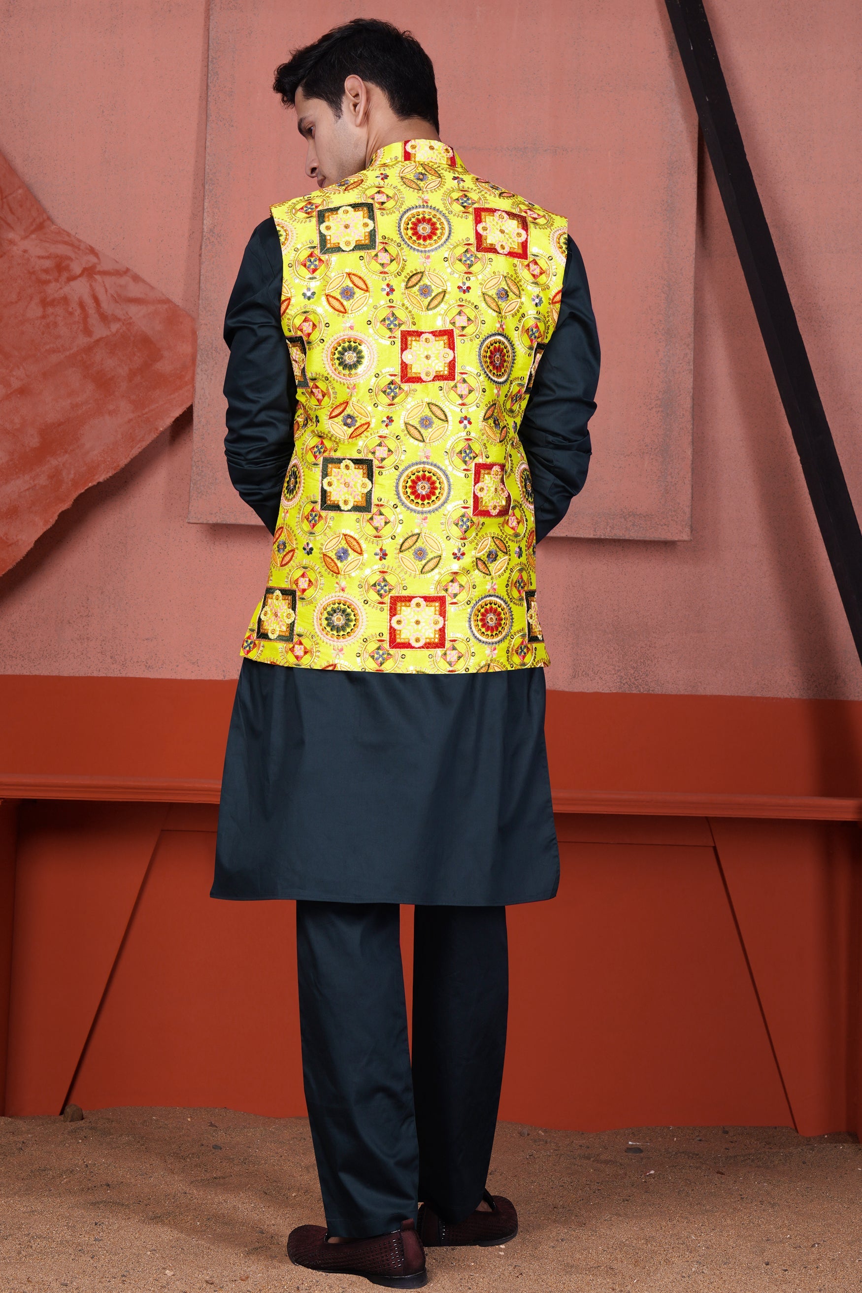 Gunmetal Blue Kurta with Custard Yellow Multicolour Cotton Thread Embroidered Designer Nehru Jacket