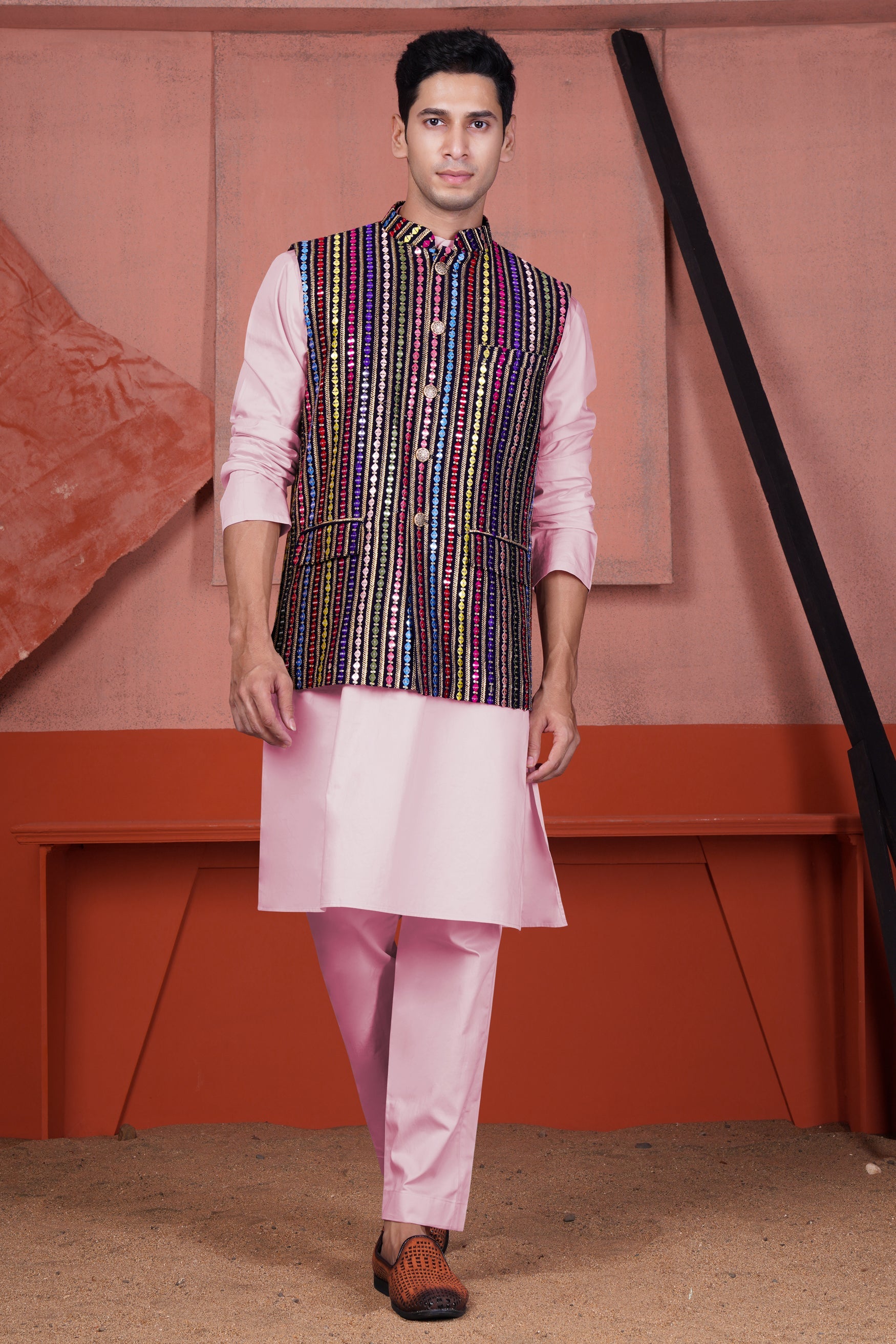 Azalea Pink Kurta with Ebony Blue and Cerise Pink Vertical Thread and Sequin Embroidered Designer Nehru Jacket